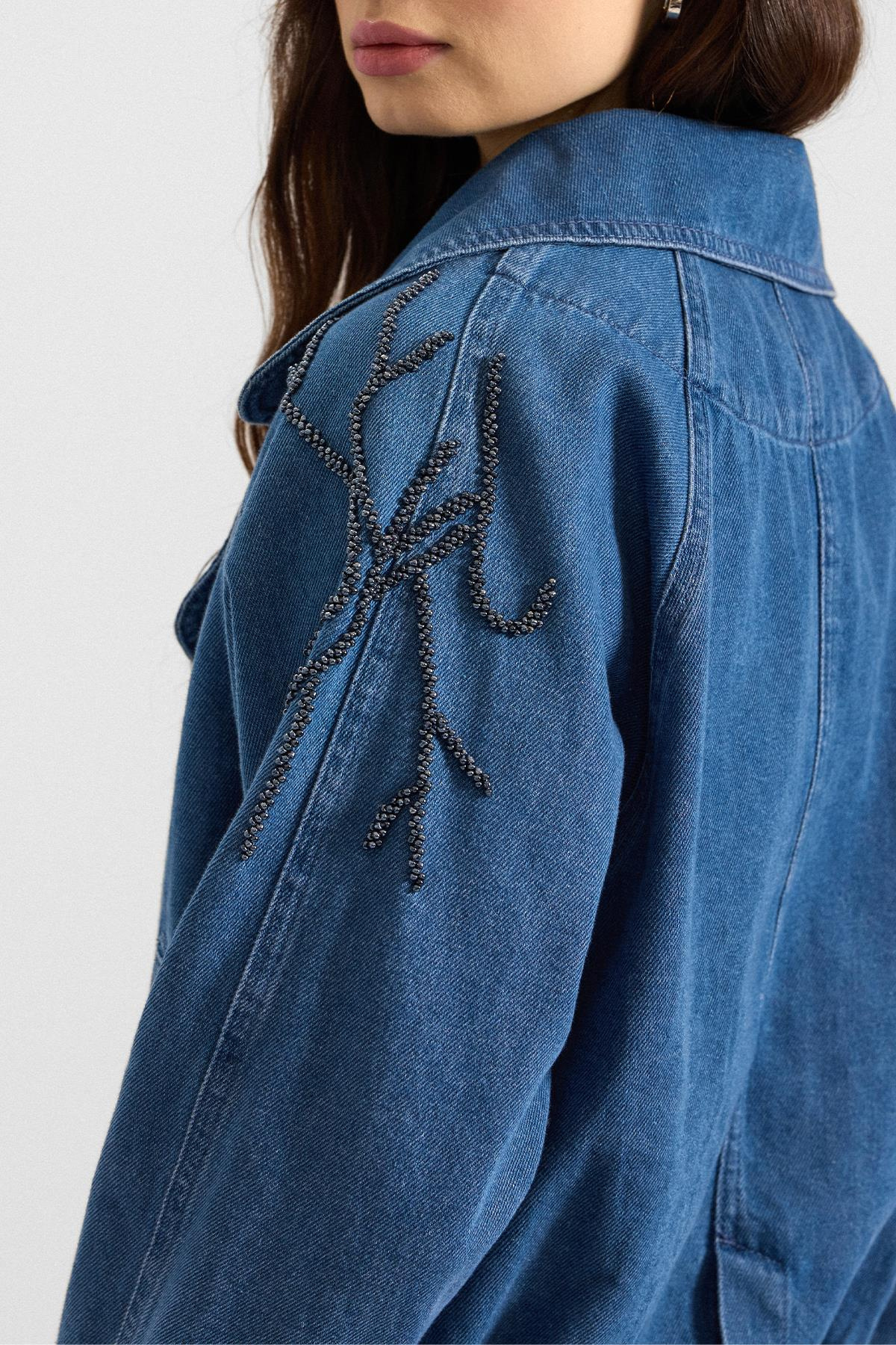 Kolu Boncuk İşlemeli Astarsız Denim Ceket MAVİ 8283