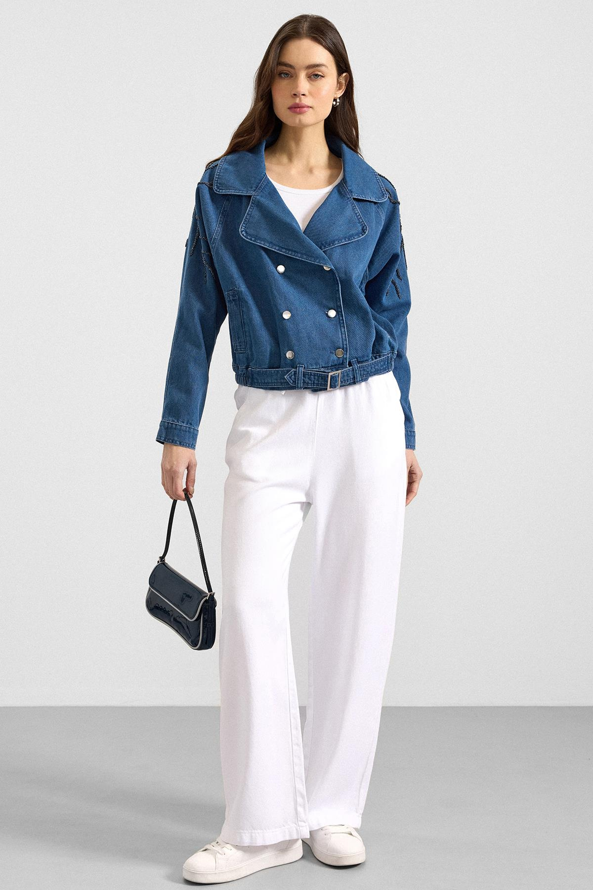 Kolu Boncuk İşlemeli Astarsız Denim Ceket MAVİ 8283