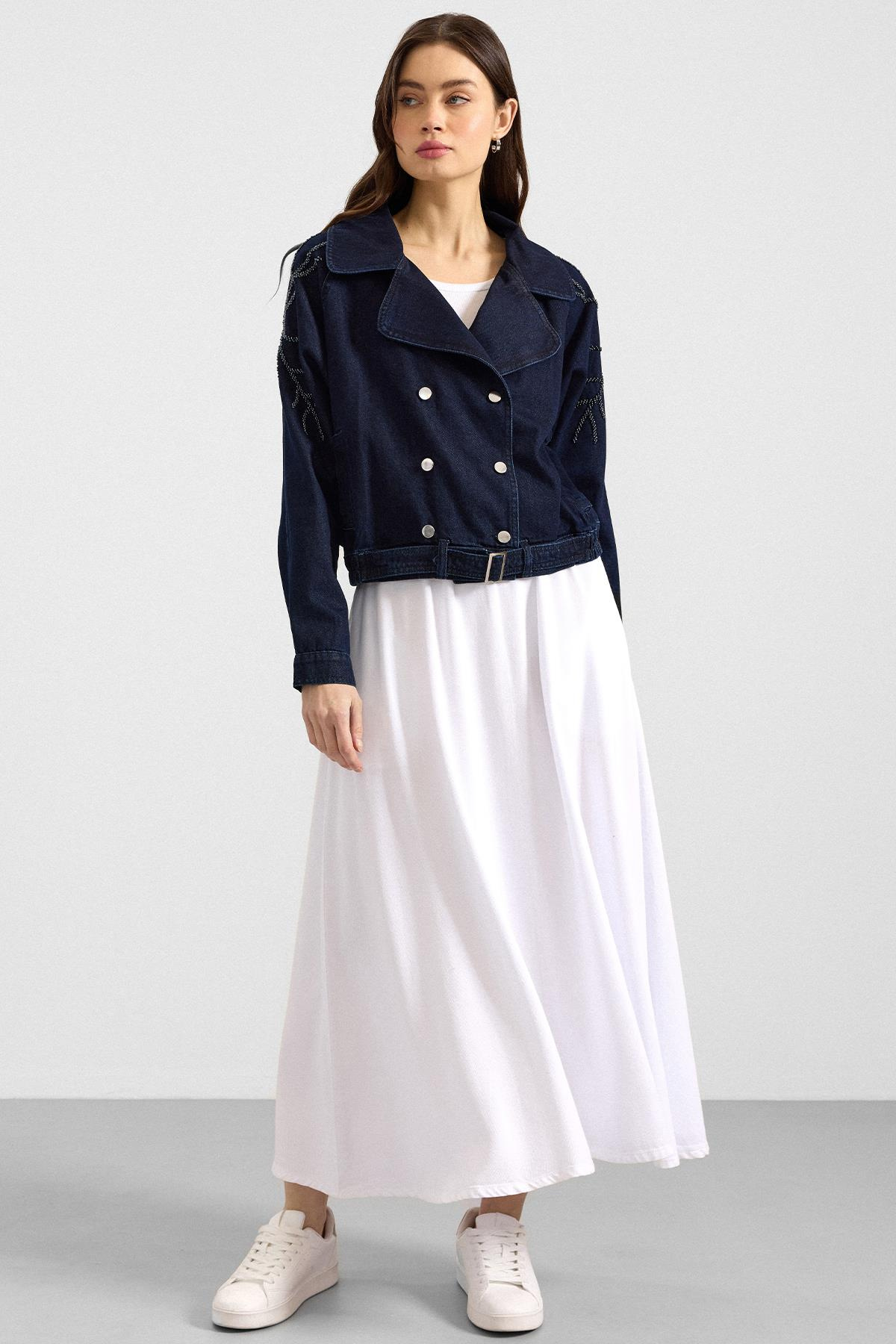 Kolu Boncuk İşlemeli Astarsız Denim Ceket LACİVERT 8283