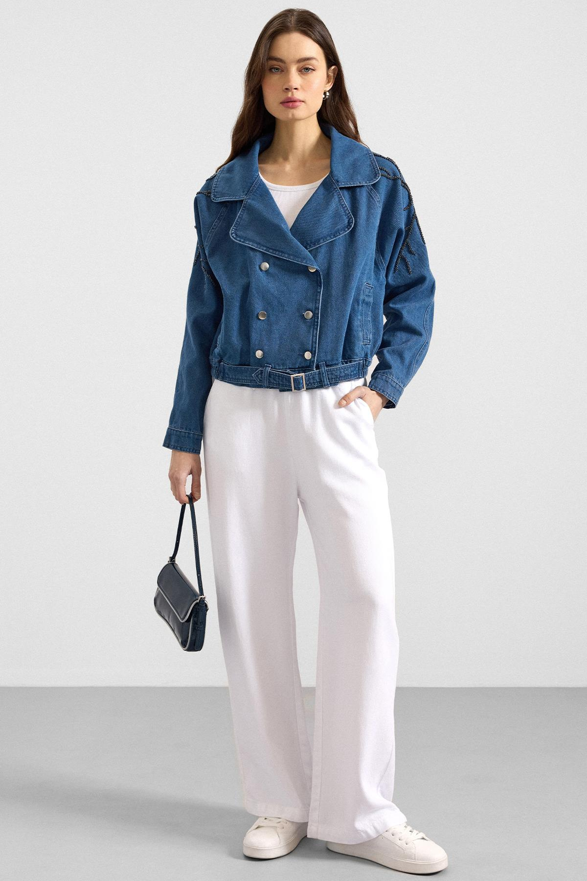 Kolu Boncuk İşlemeli Astarsız Denim Ceket MAVİ 8283