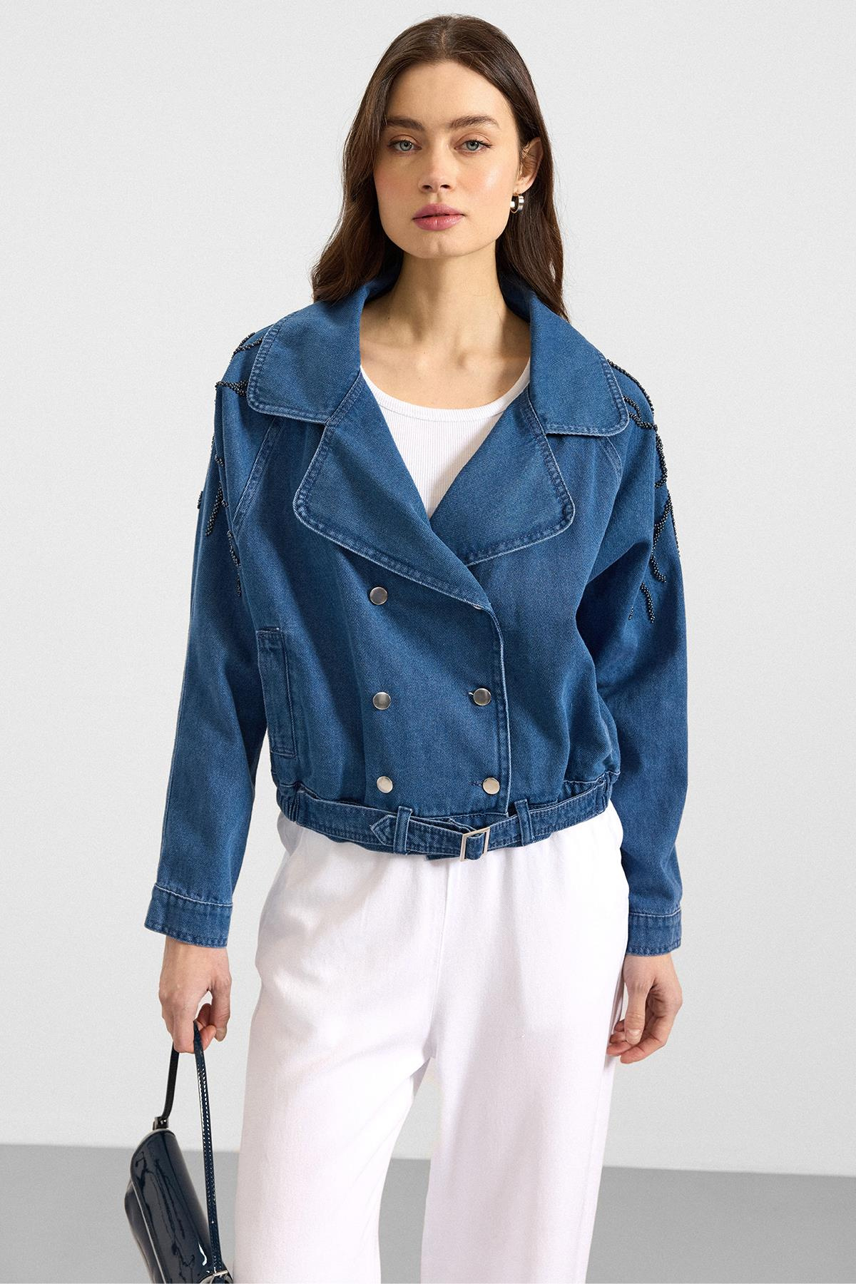 Kolu Boncuk İşlemeli Astarsız Denim Ceket MAVİ 8283