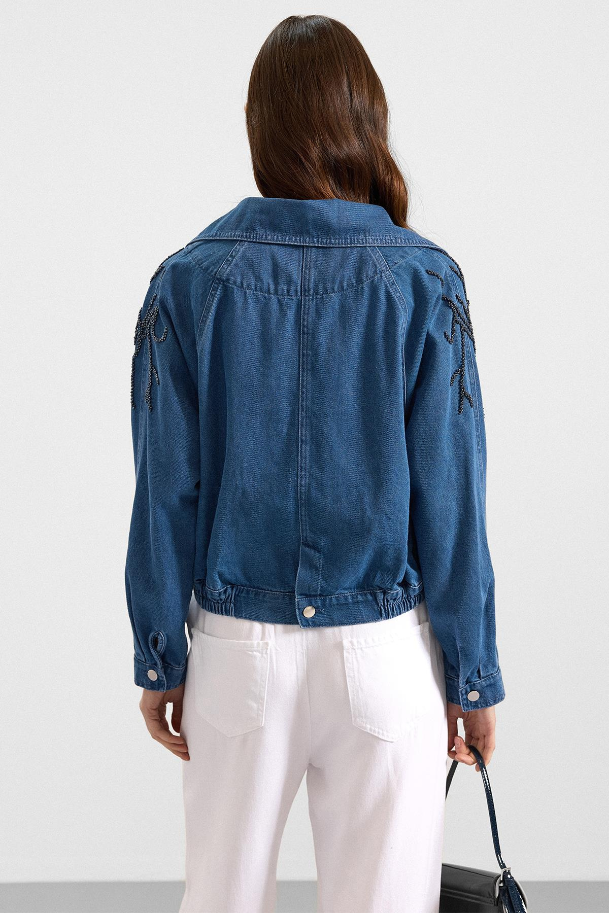 Kolu Boncuk İşlemeli Astarsız Denim Ceket MAVİ 8283