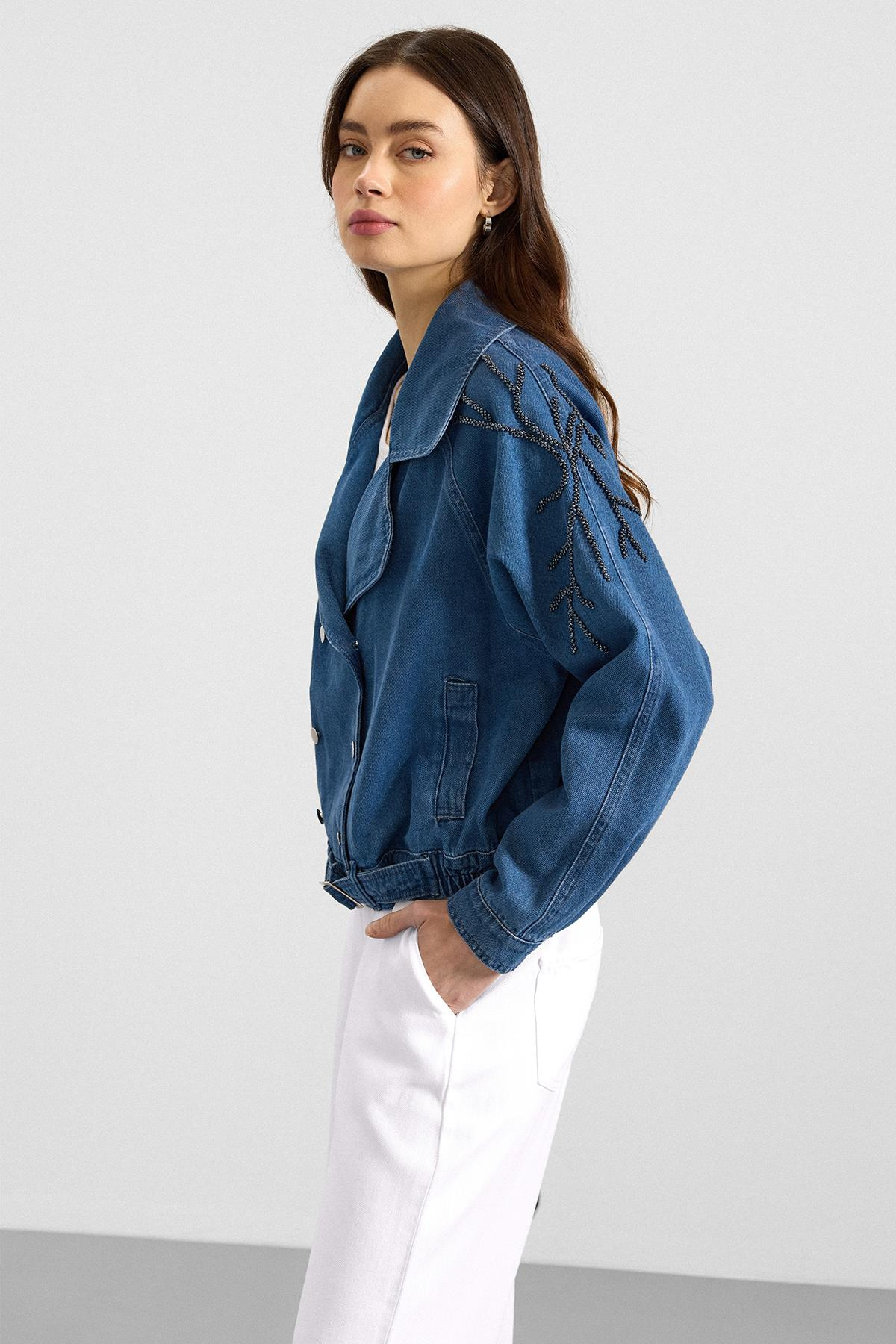 Kolu Boncuk İşlemeli Astarsız Denim Ceket MAVİ 8283