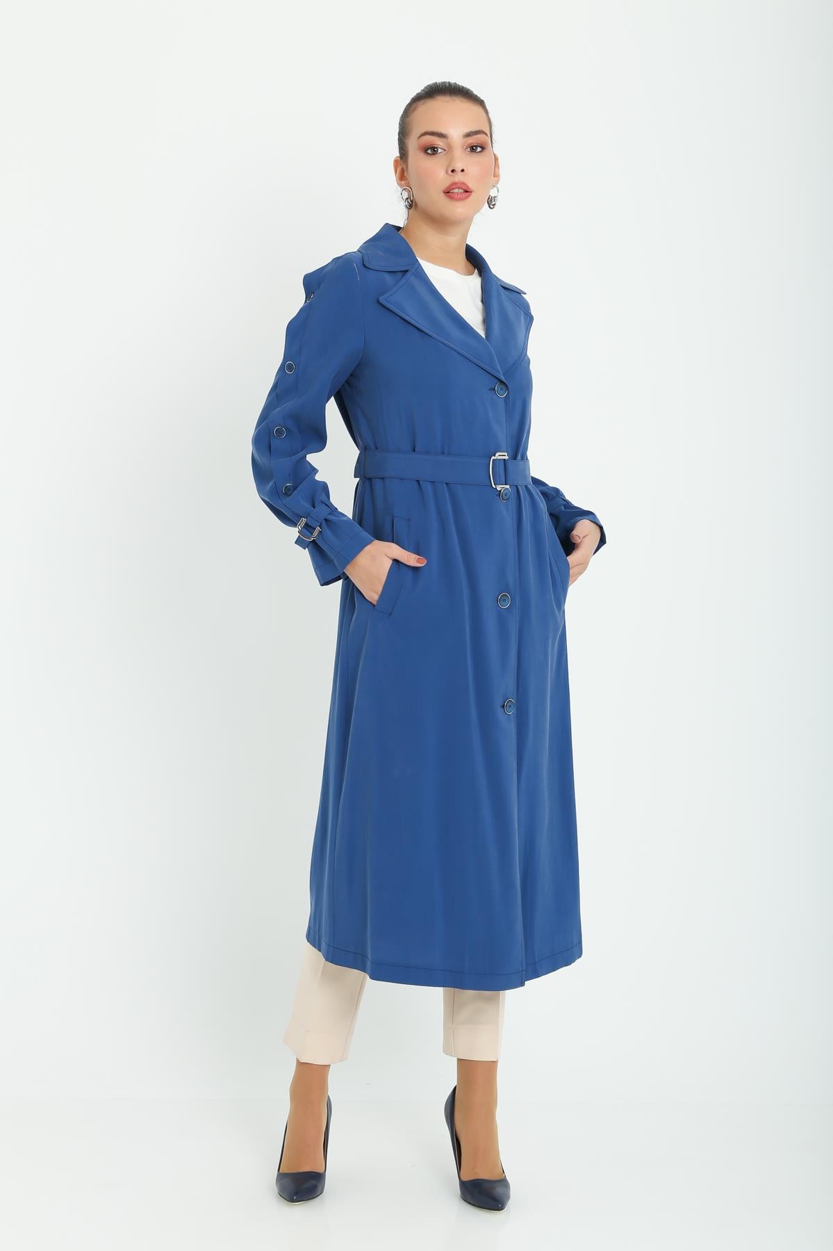 Kolu Düğme Detaylı Astarsız Tensel Trençkot İNDİGO 6166