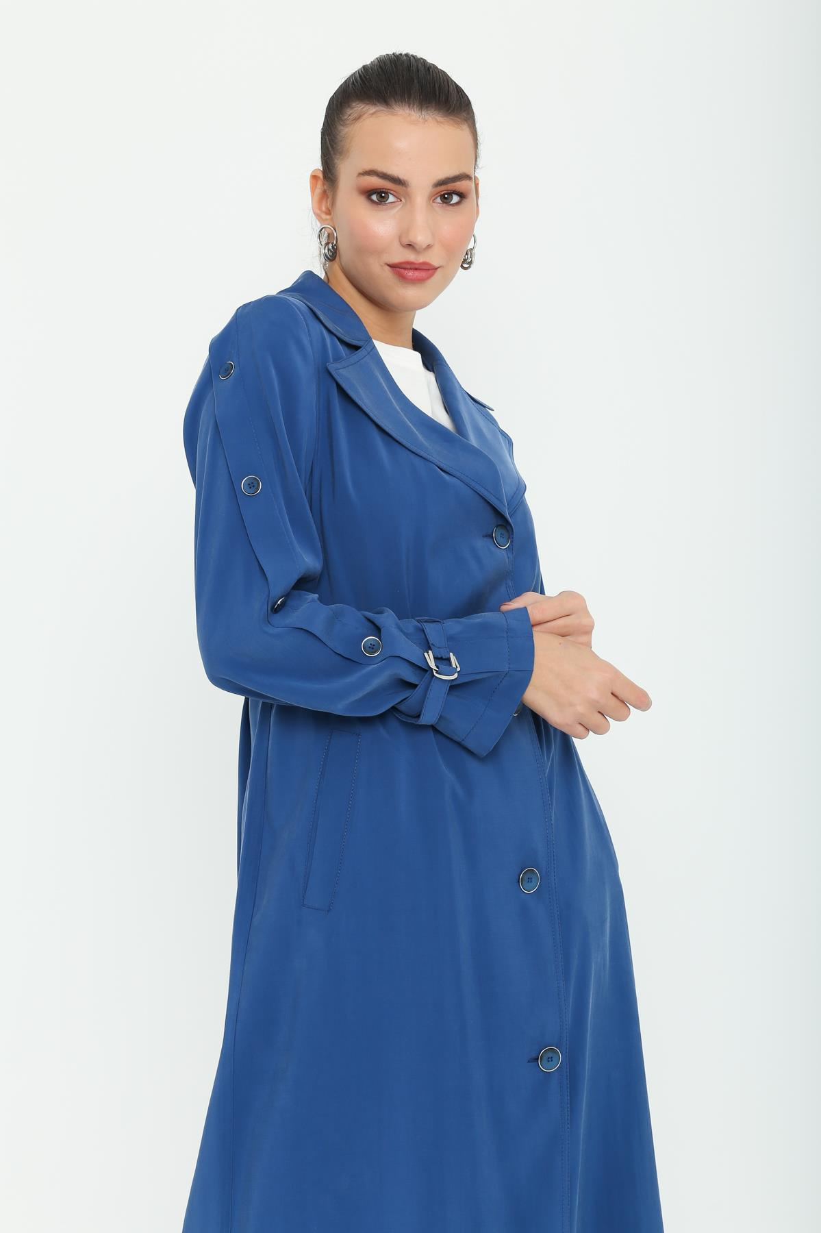 Kolu Düğme Detaylı Astarsız Tensel Trençkot İNDİGO 6166