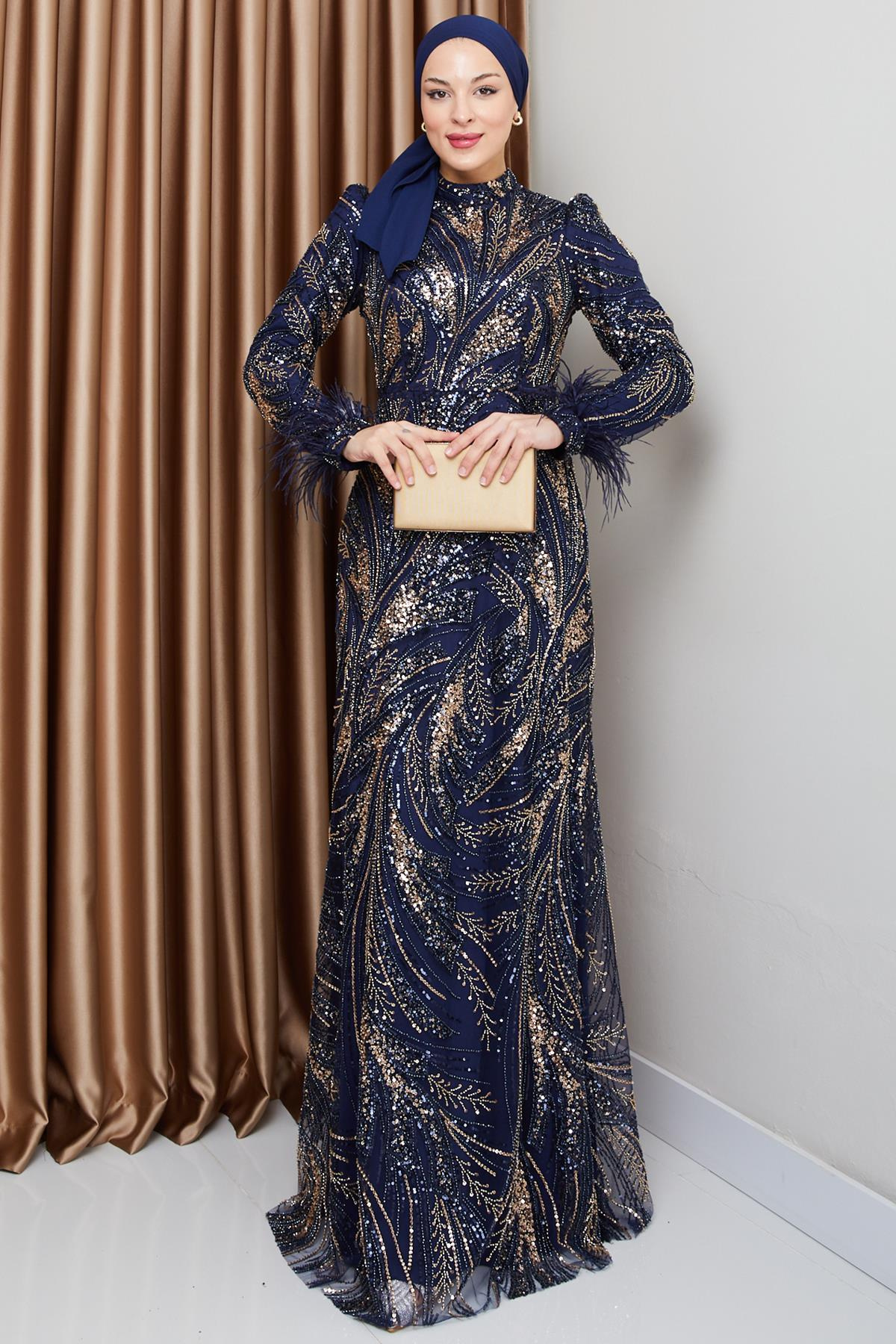 Kolu Tüy Detaylı Boncuk ve Pul İşlemeli Exclusive Tesettür Abiye Elbise LACİVERT 1000-M