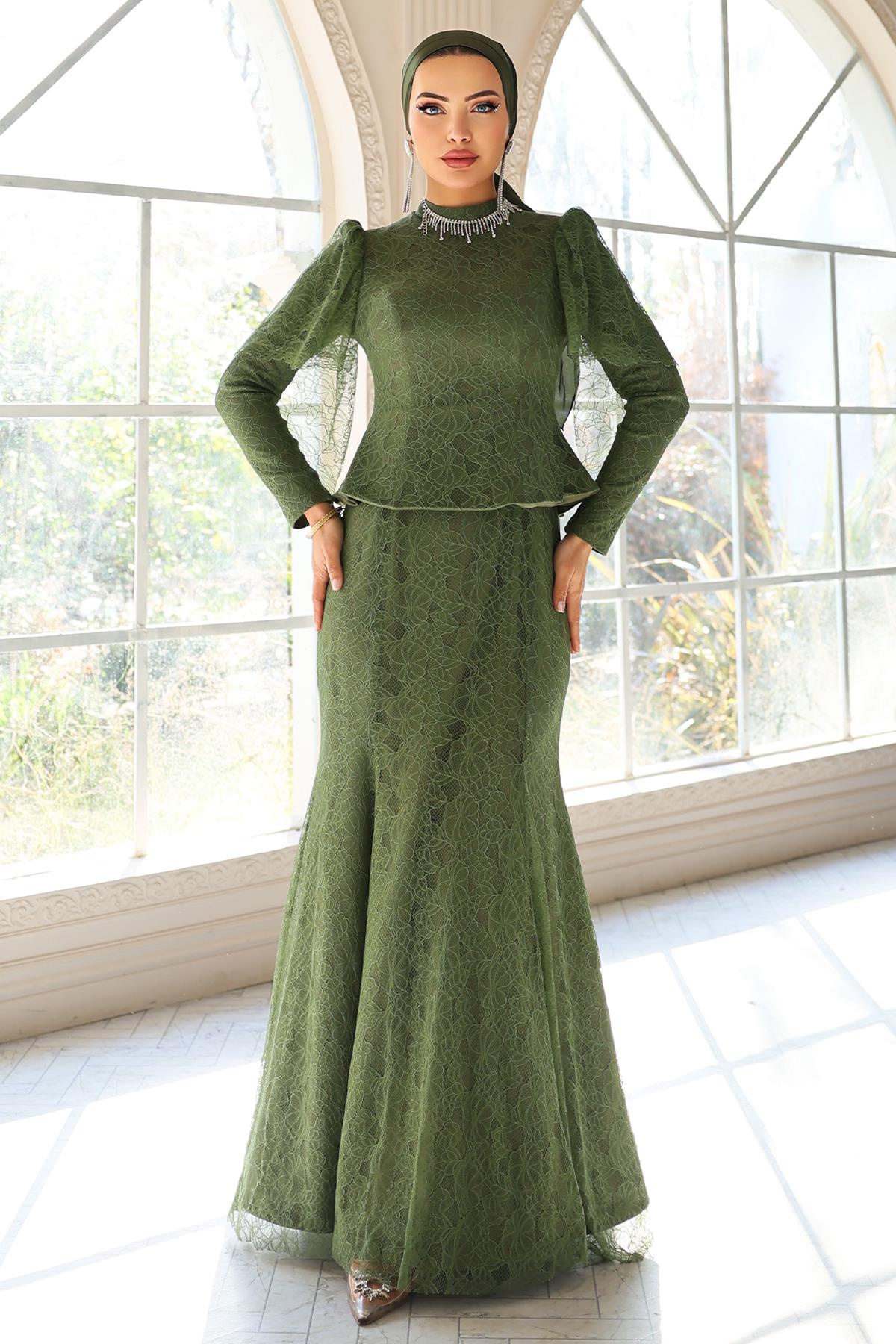 Kolye Detaylı Balık Model Dantel Tesettür Abiye Elbise HAKİ 1058