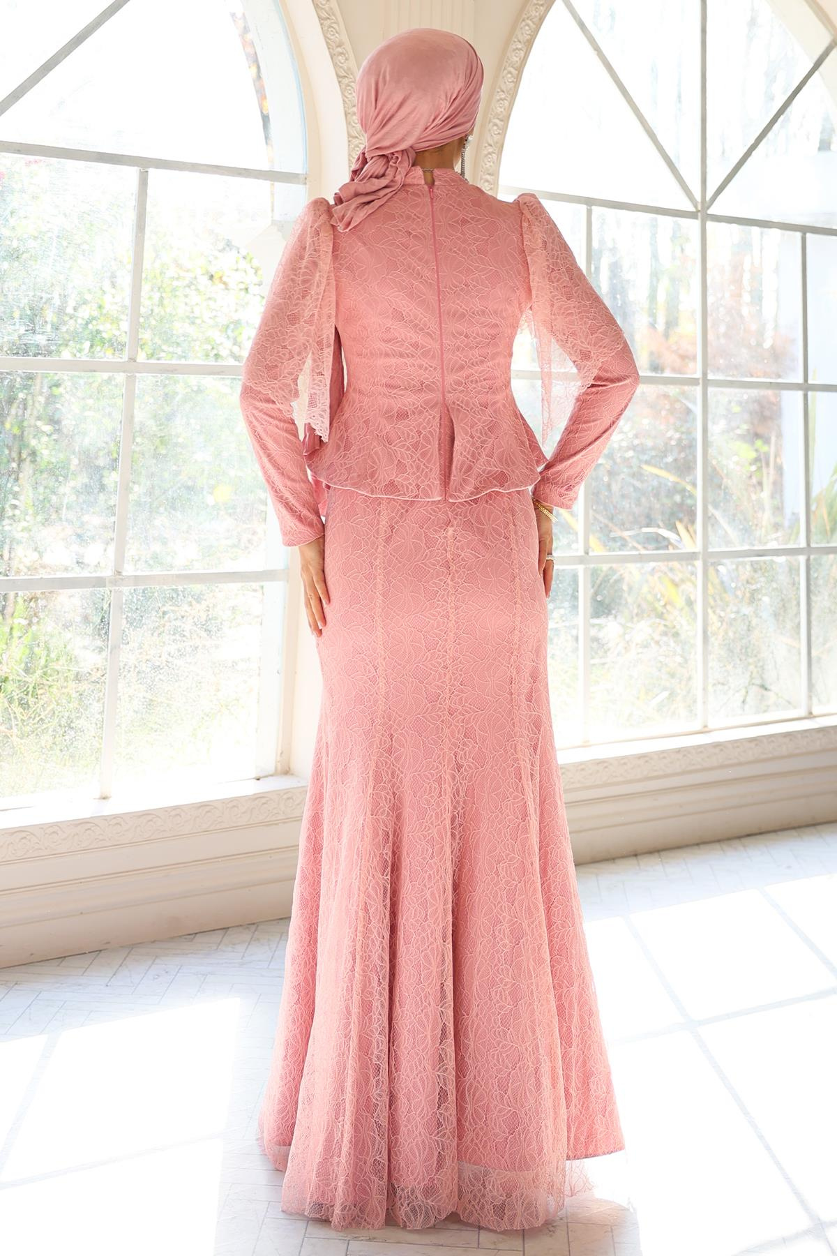 Kolye Detaylı Balık Model Dantel Tesettür Abiye Elbise PEMBE 1058
