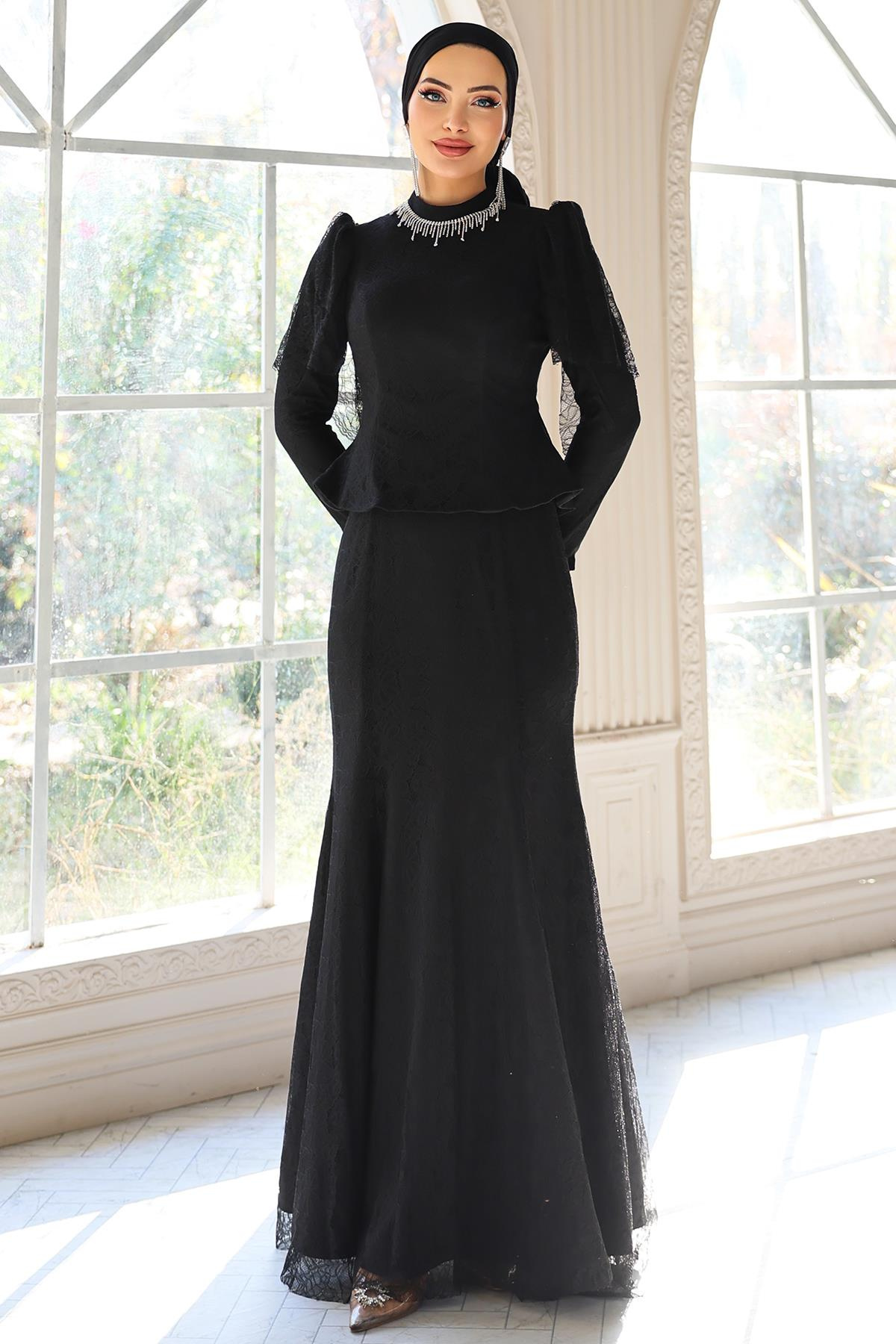 Kolye Detaylı Balık Model Dantel Tesettür Abiye Elbise SİYAH 1058
