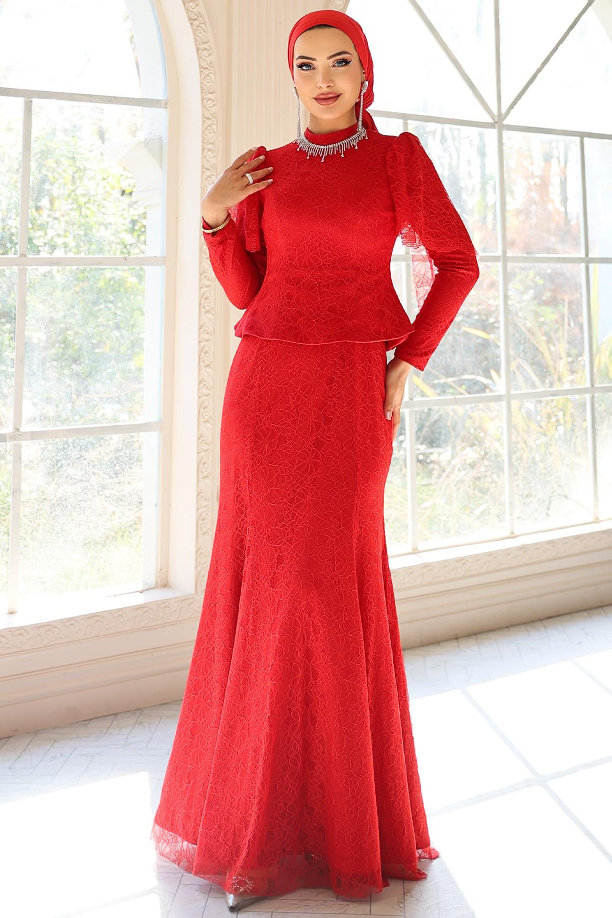 Kolye Detaylı Balık Model Dantel Tesettür Abiye Elbise KIRMIZI 1058