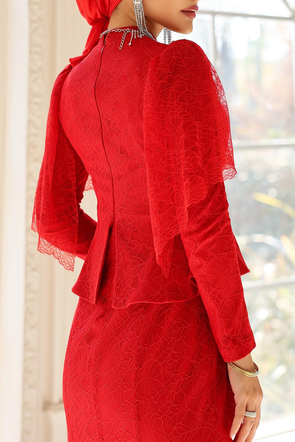 Kolye Detaylı Balık Model Dantel Tesettür Abiye Elbise KIRMIZI 1058