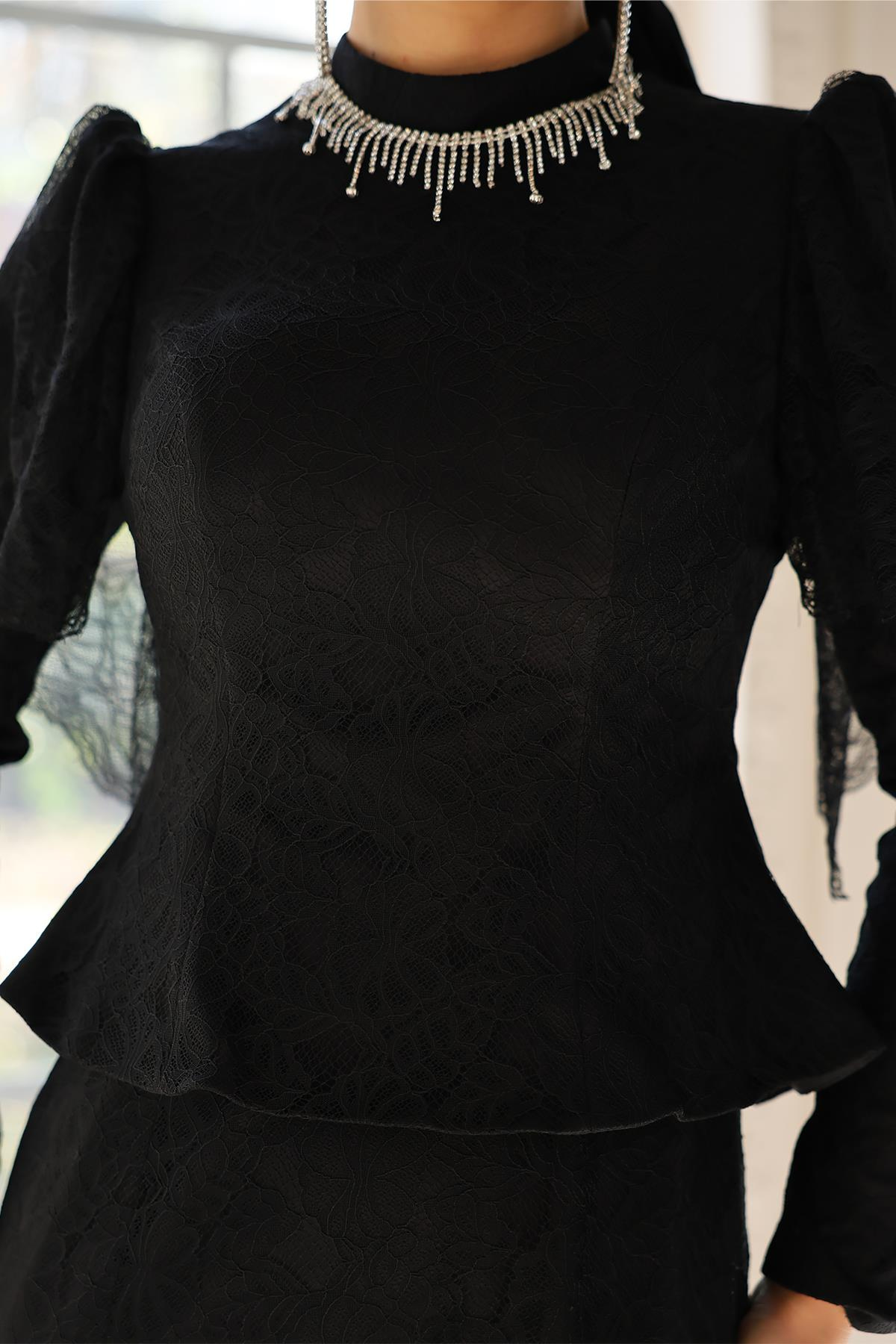 Kolye Detaylı Balık Model Dantel Tesettür Abiye Elbise SİYAH 1058