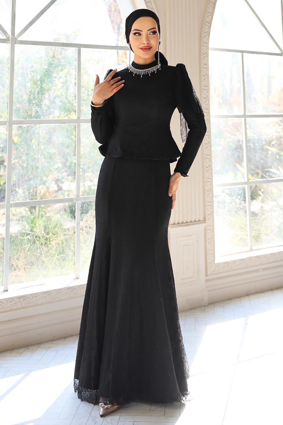 Kolye Detaylı Balık Model Dantel Tesettür Abiye Elbise SİYAH 1058