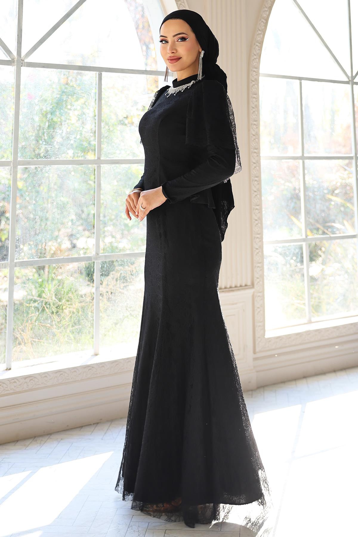 Kolye Detaylı Balık Model Dantel Tesettür Abiye Elbise SİYAH 1058