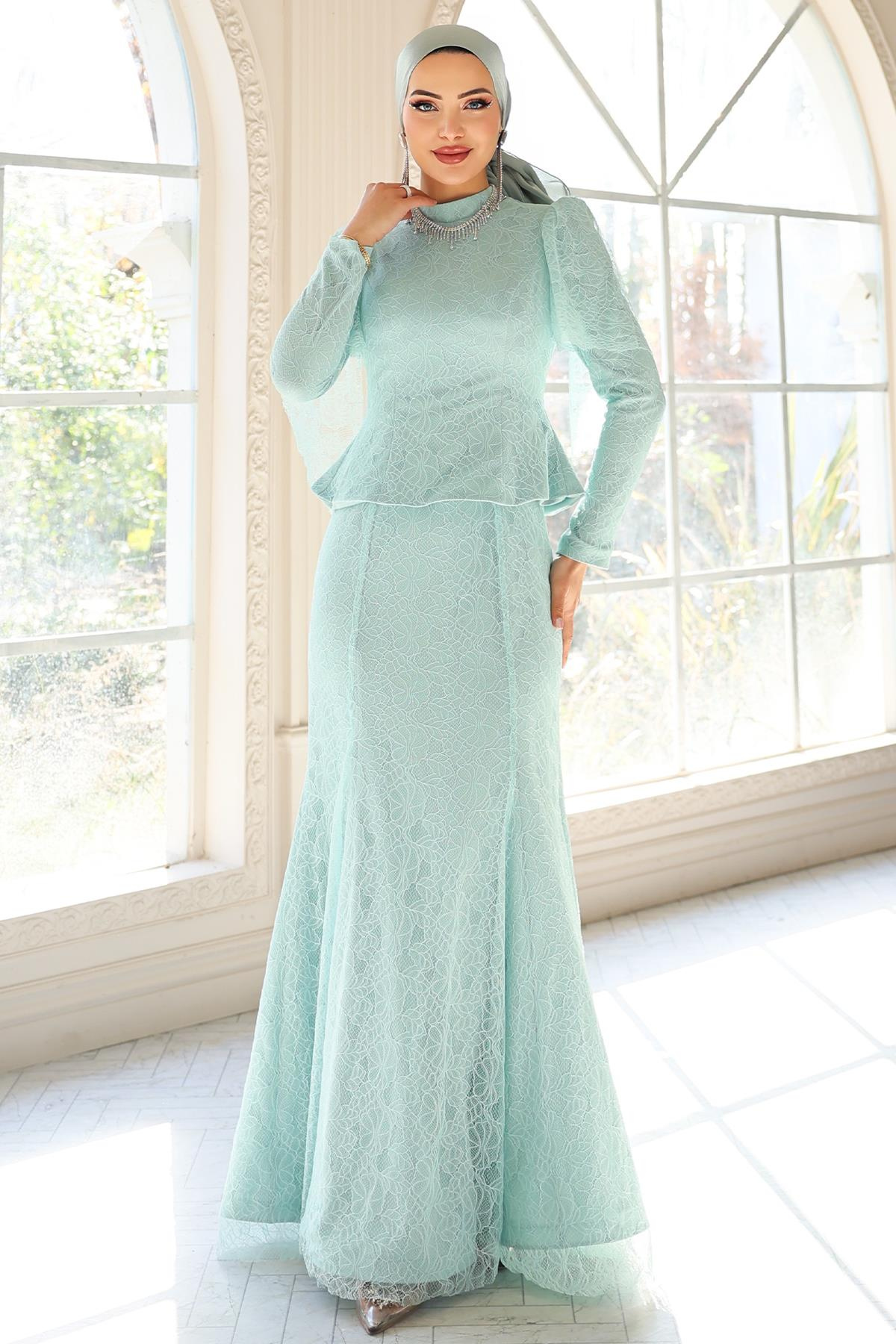 Kolye Detaylı Balık Model Dantel Tesettür Abiye Elbise MİNT 1058