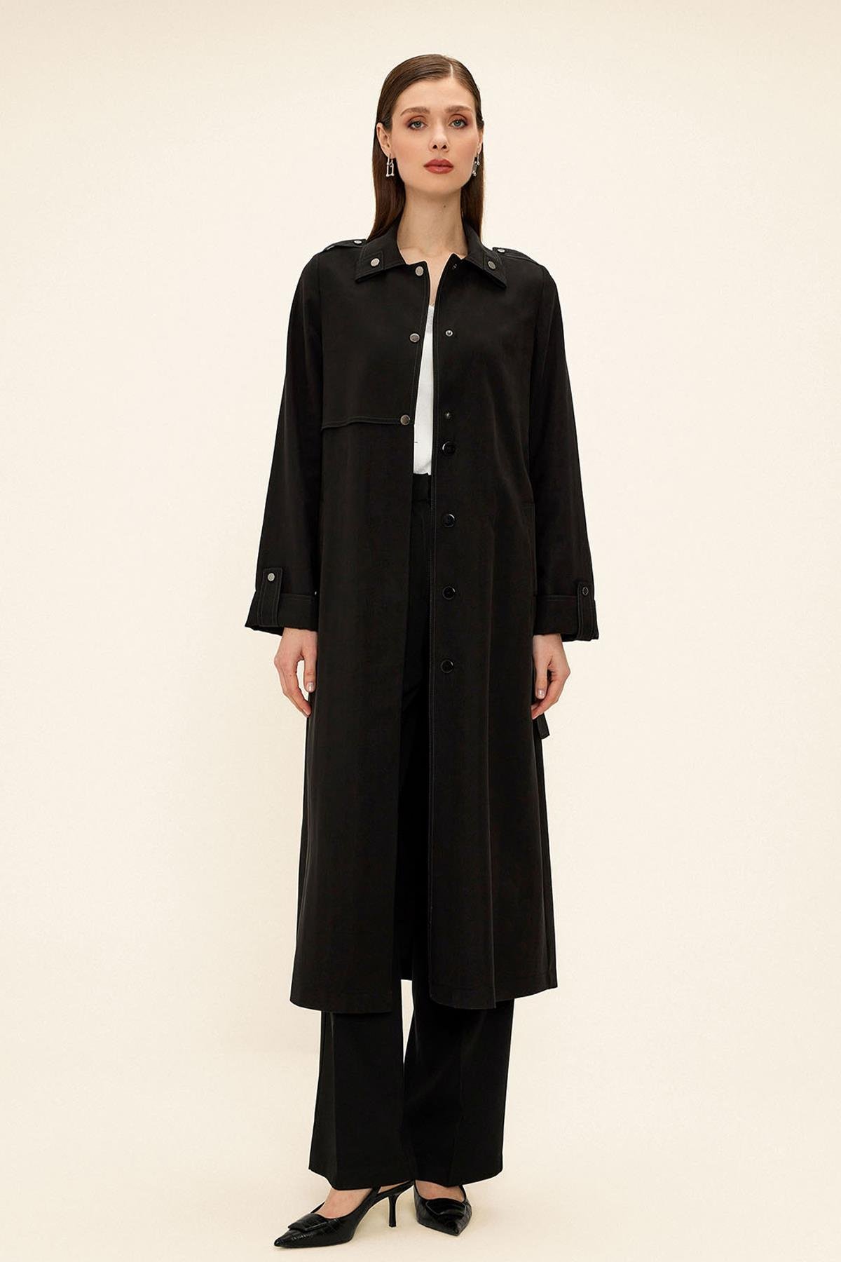 Unlined Modal Trench Coat with Contrast Stitching Detail BLACK 6717