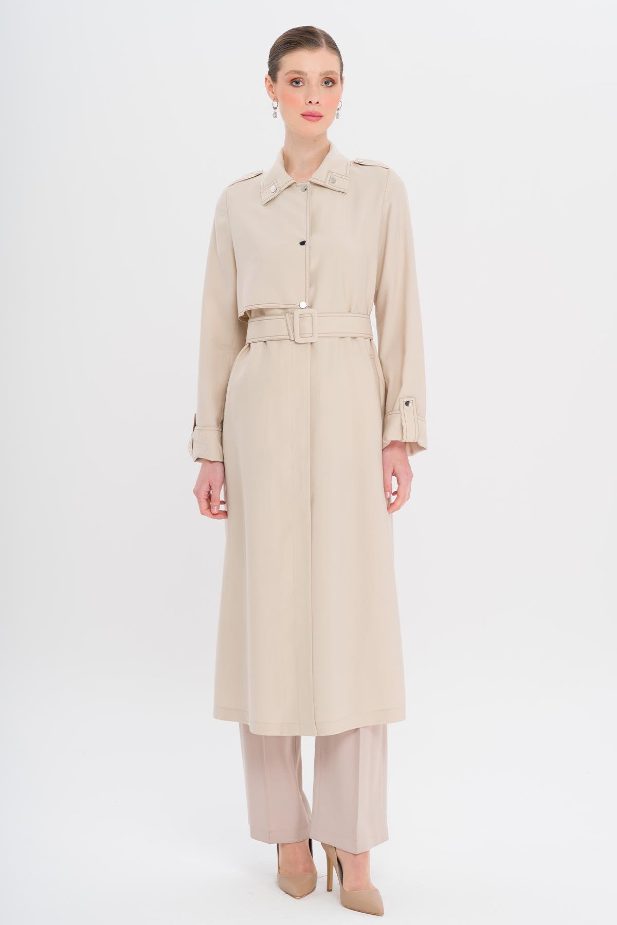 Unlined Modal Trench Coat with Contrast Stitching Detail STONE 6717
