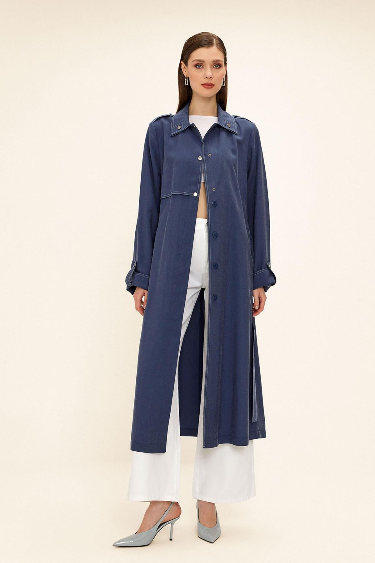 Unlined Modal Trench Coat with Contrast Stitching Detail İNDİGO 6717