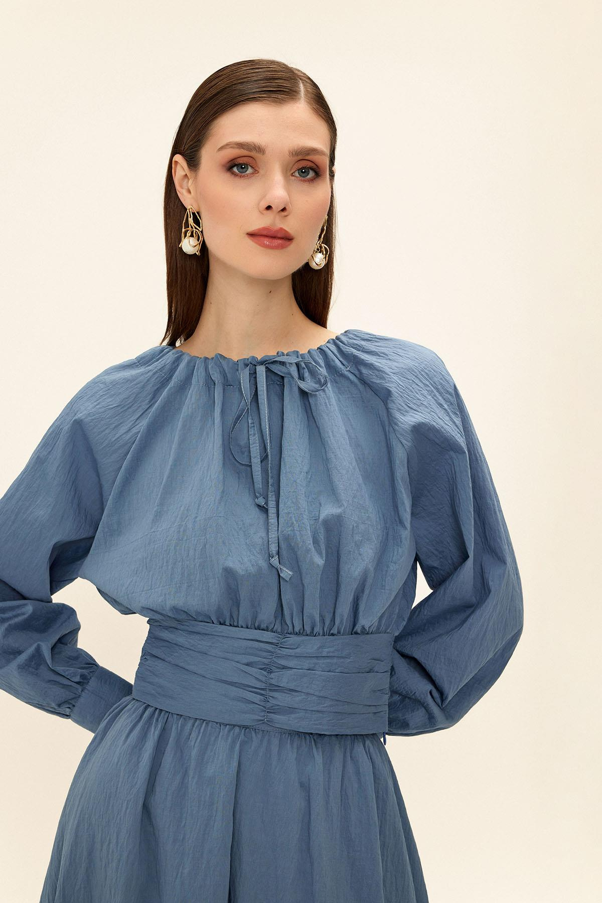 Korsaj Detaylı Bluz Etek İkili Takım MAVİ 9327-TK