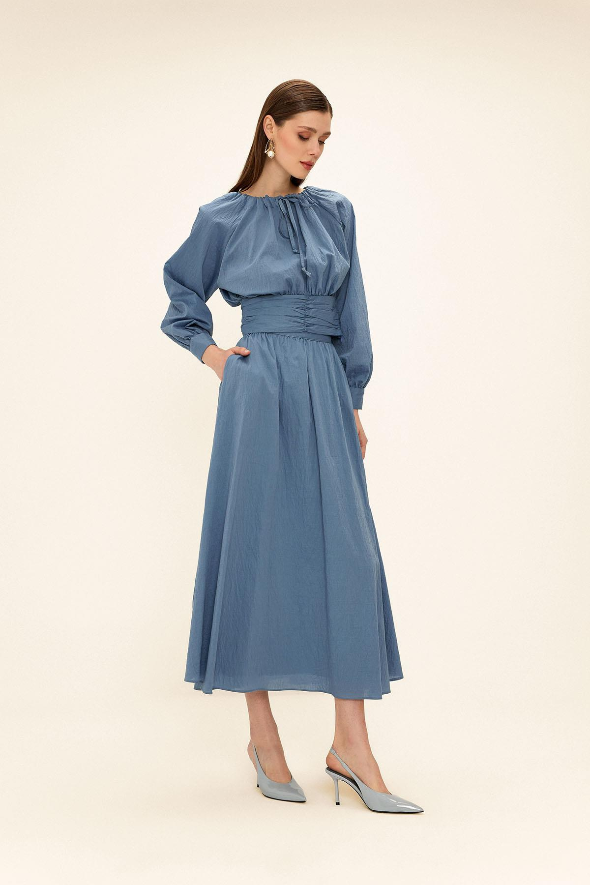 Korsaj Detaylı Bluz Etek İkili Takım MAVİ 9327-TK