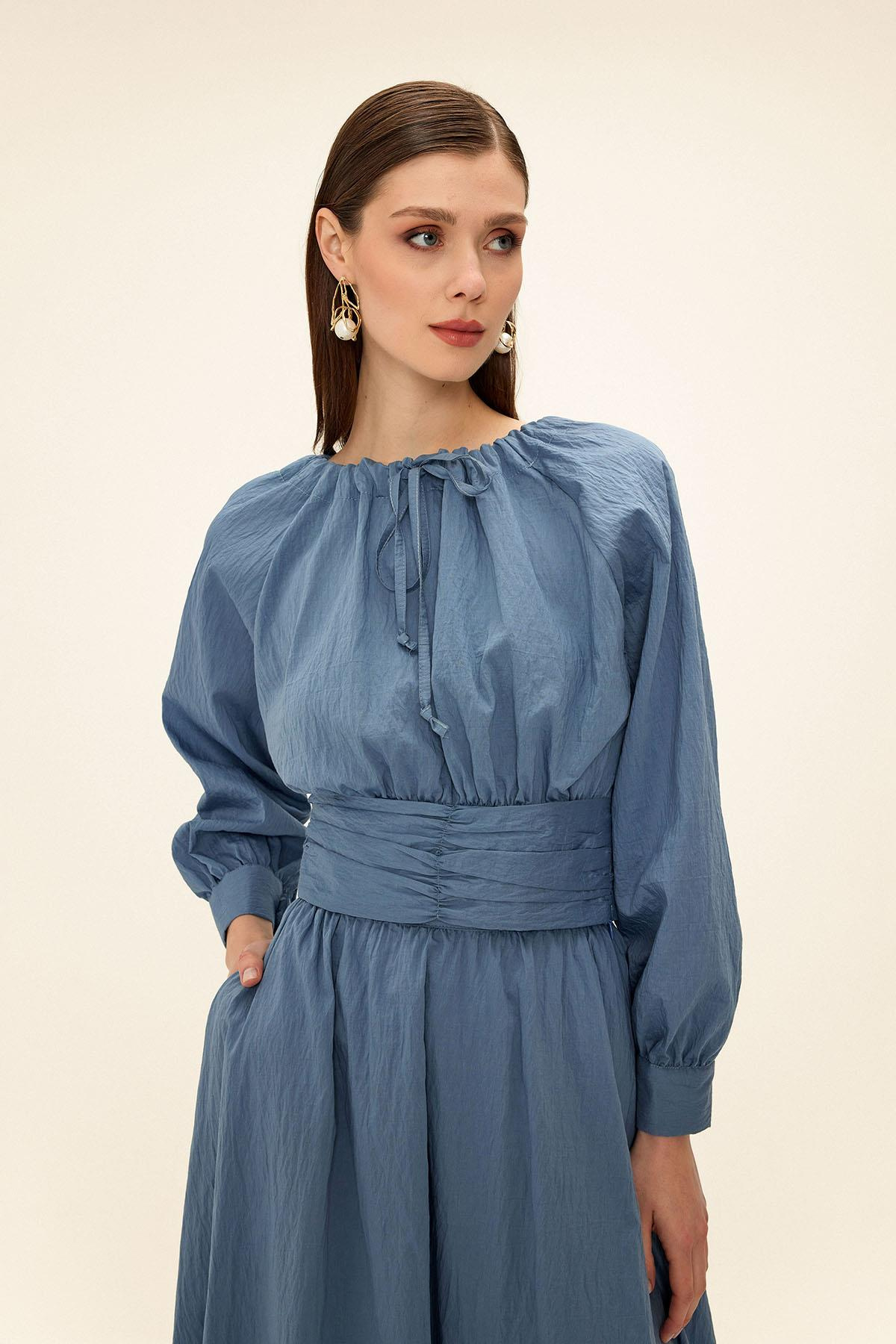 Korsaj Detaylı Bluz Etek İkili Takım MAVİ 9327-TK