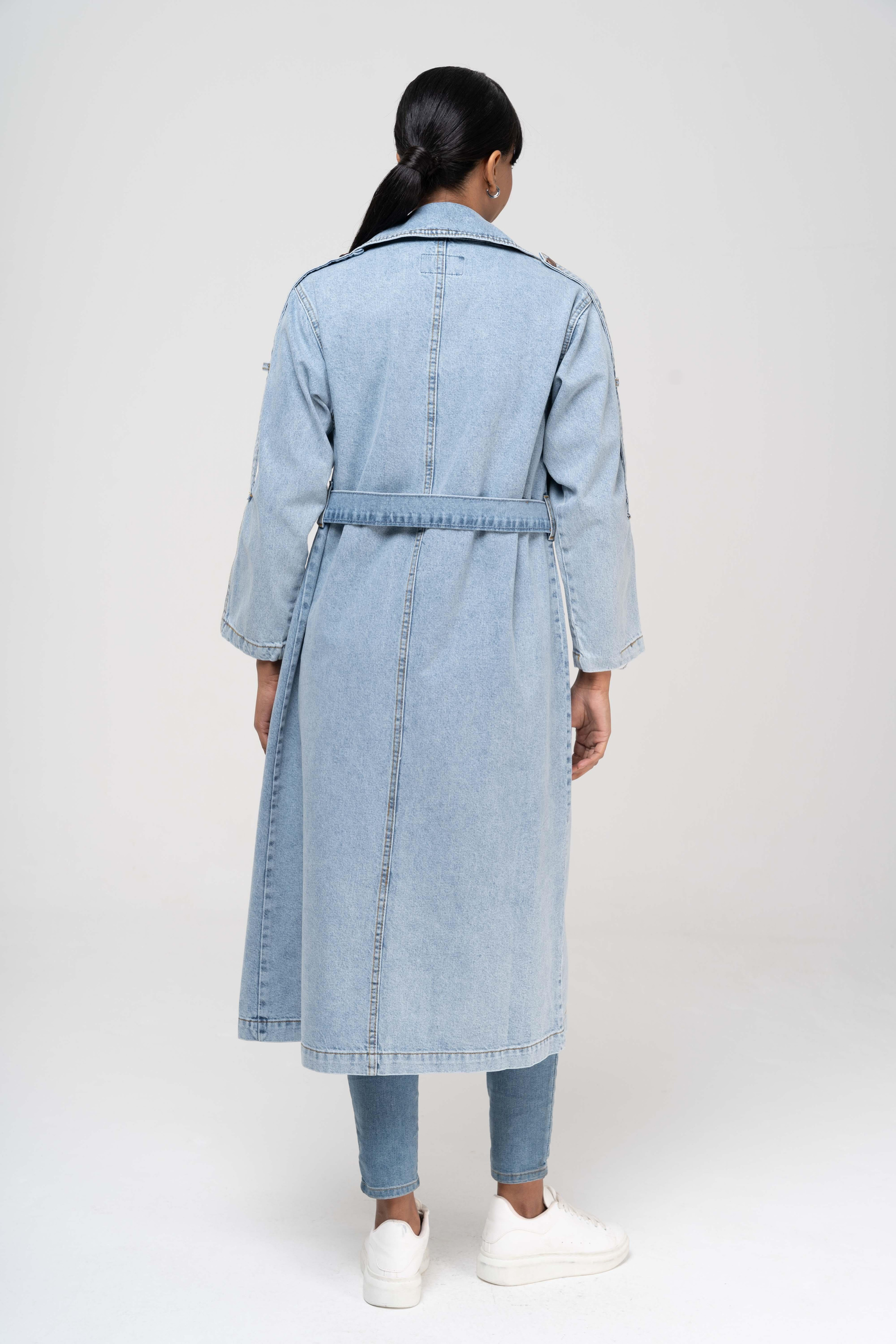 Kruvaze Apolet Detaylı Oversize Denim Trençkot MAVİ 6592