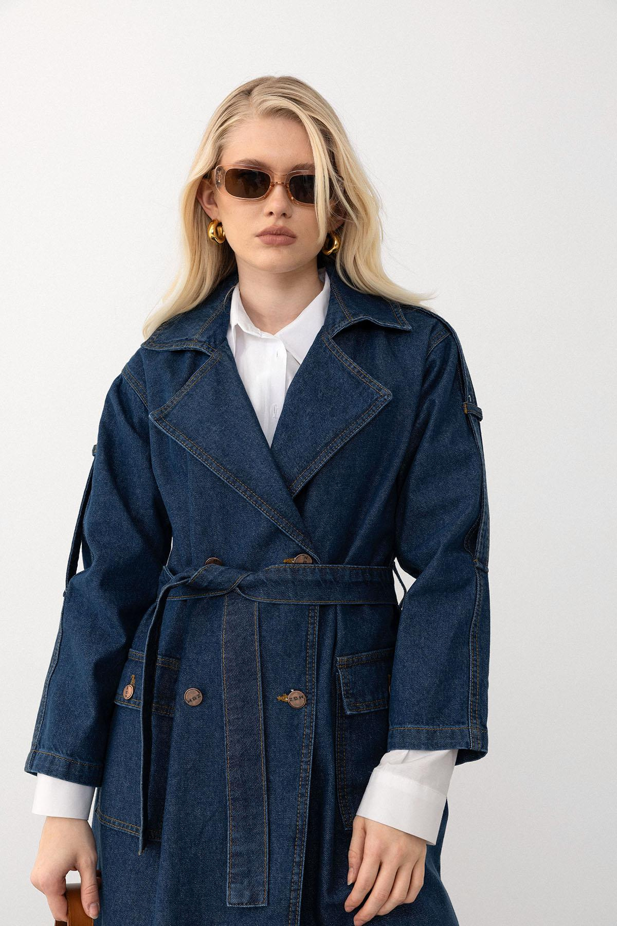 Kruvaze Apolet Detaylı Oversize Denim Trençkot KOYU MAVİ 6592