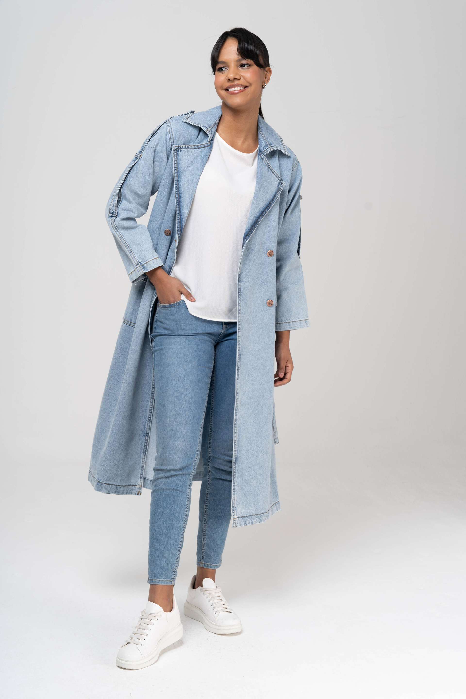 Kruvaze Apolet Detaylı Oversize Denim Trençkot MAVİ 6592