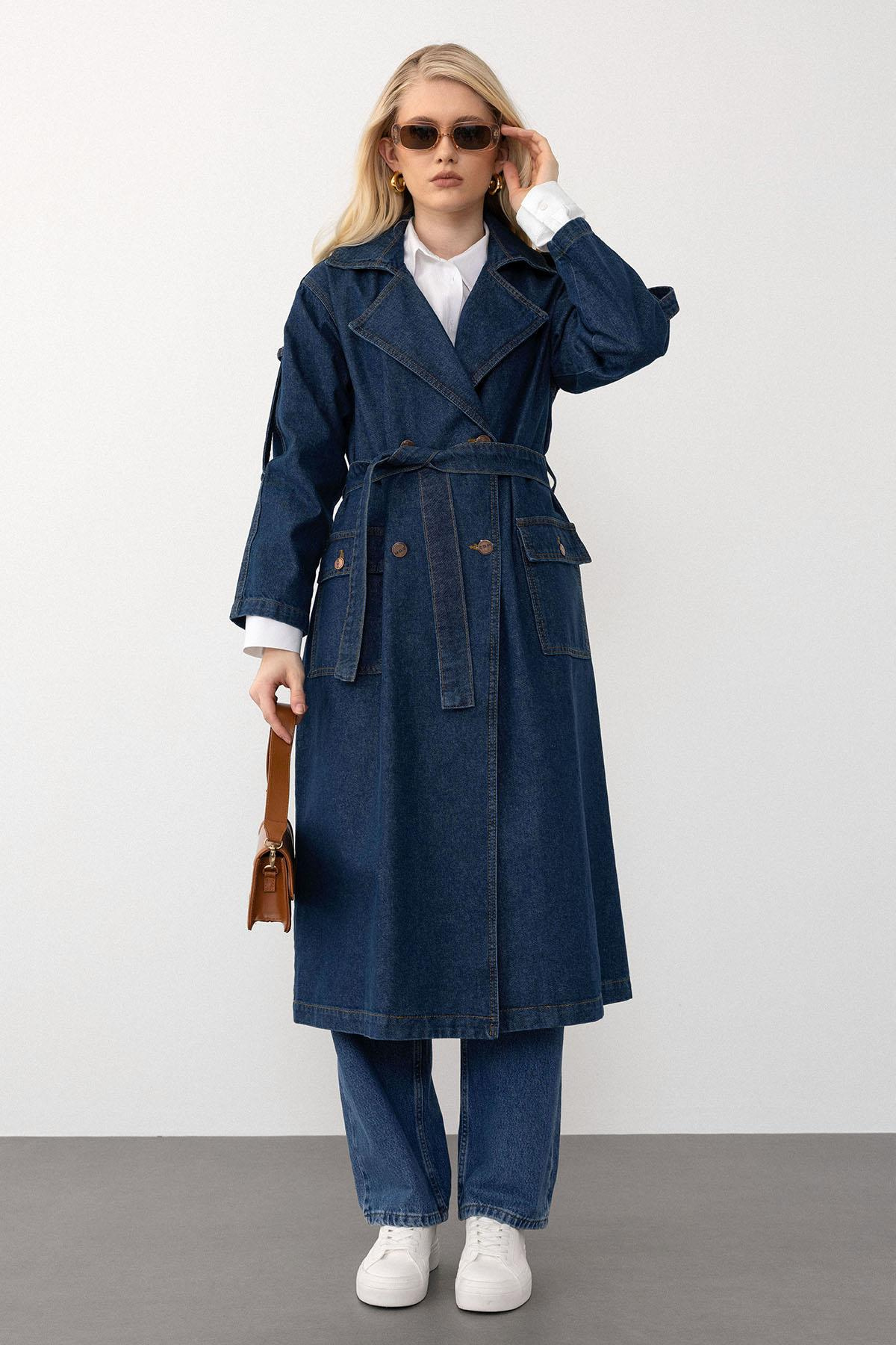Kruvaze Apolet Detaylı Oversize Denim Trençkot KOYU MAVİ 6592