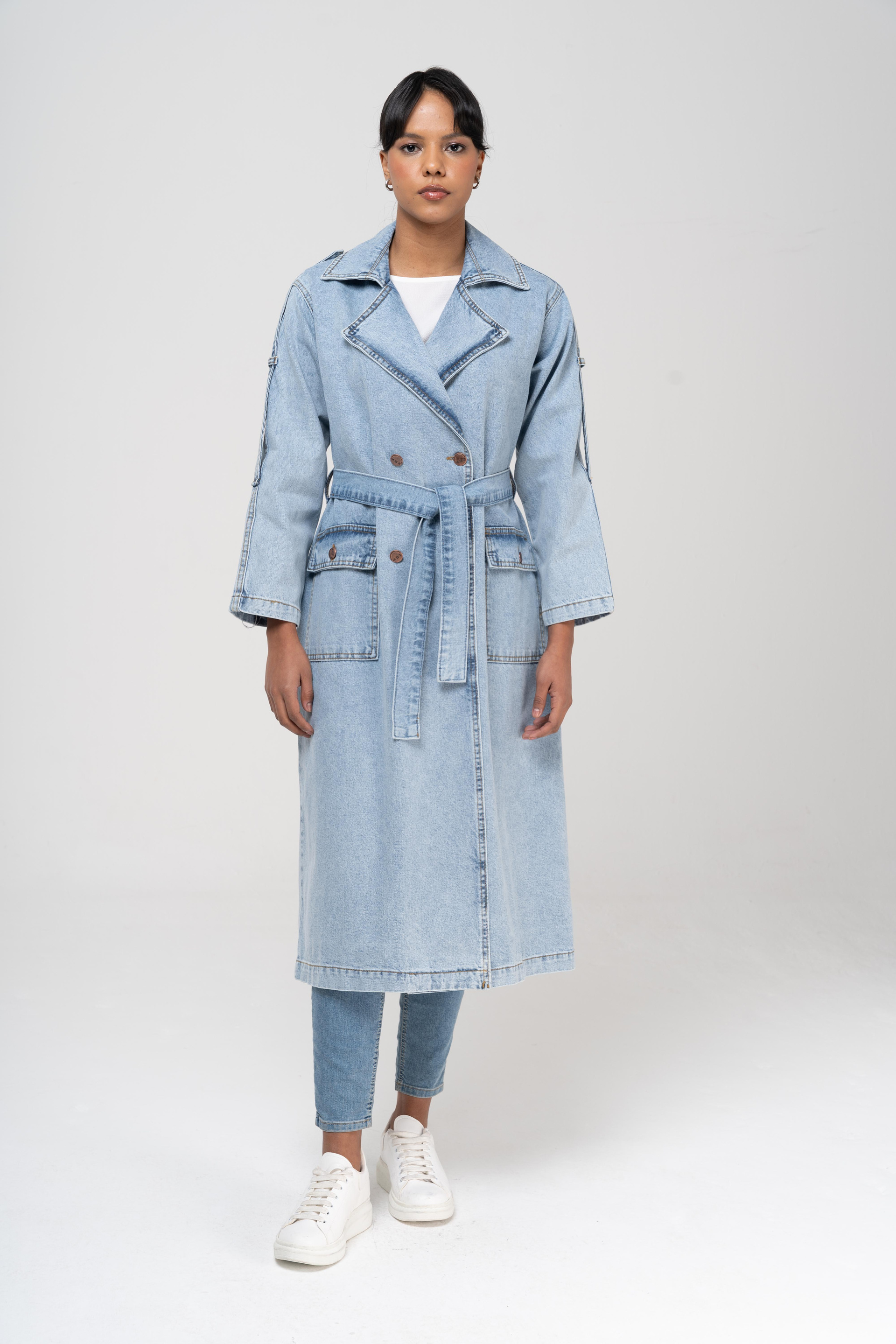 Kruvaze Apolet Detaylı Oversize Denim Trençkot MAVİ 6592