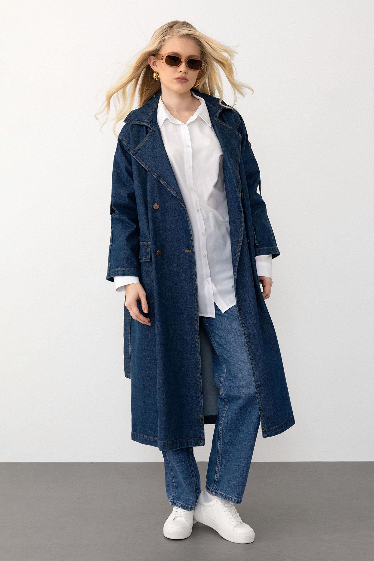 Kruvaze Apolet Detaylı Oversize Denim Trençkot KOYU MAVİ 6592