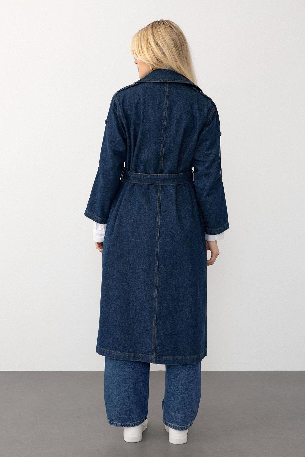 Kruvaze Apolet Detaylı Oversize Denim Trençkot KOYU MAVİ 6592