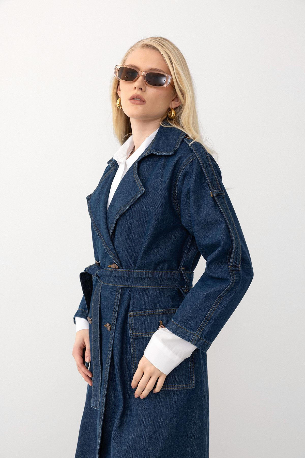 Kruvaze Apolet Detaylı Oversize Denim Trençkot KOYU MAVİ 6592