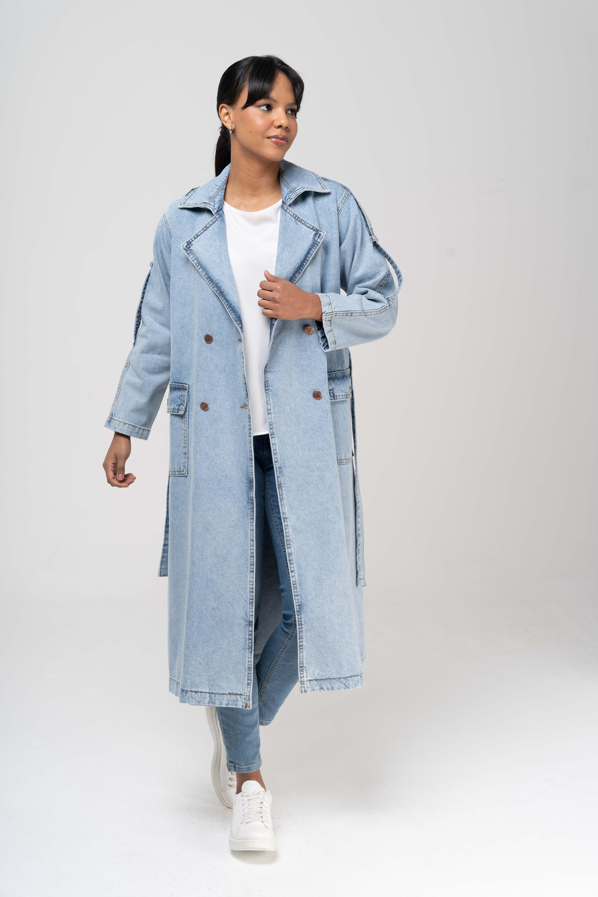 Kruvaze Apolet Detaylı Oversize Denim Trençkot MAVİ 6592