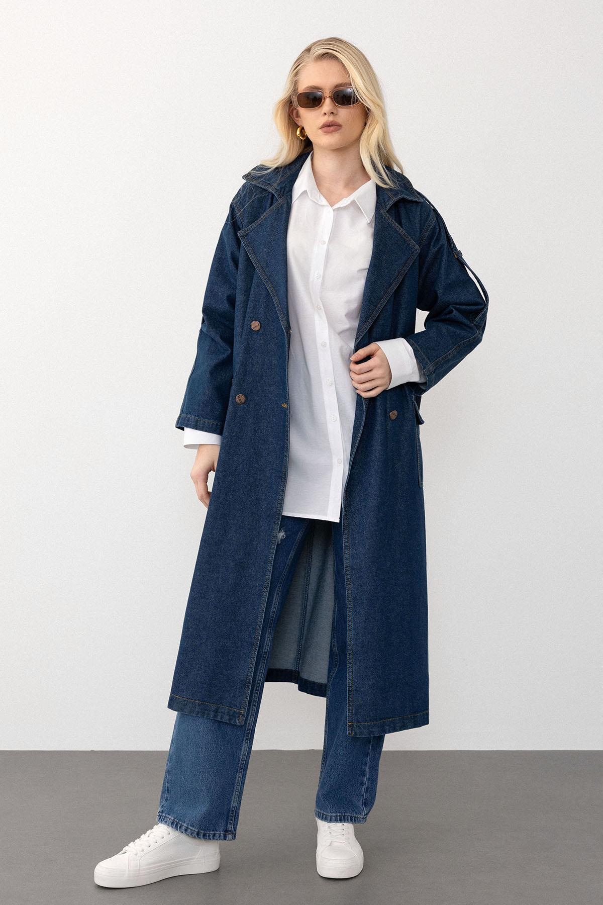 Kruvaze Apolet Detaylı Oversize Denim Trençkot KOYU MAVİ 6592