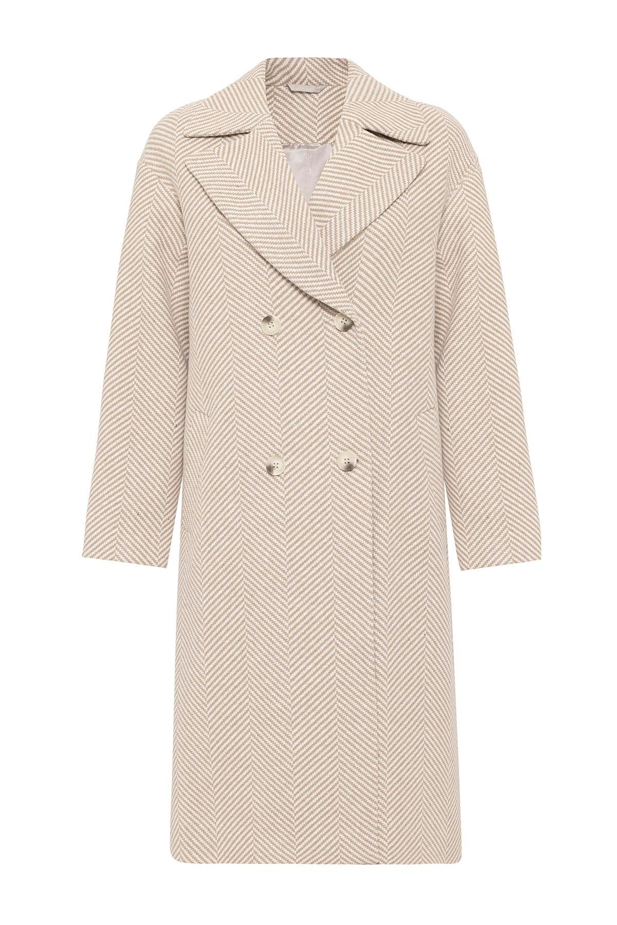 Kruvaze Balık Sırtı Desen Oversize Kaban BEJ 3037