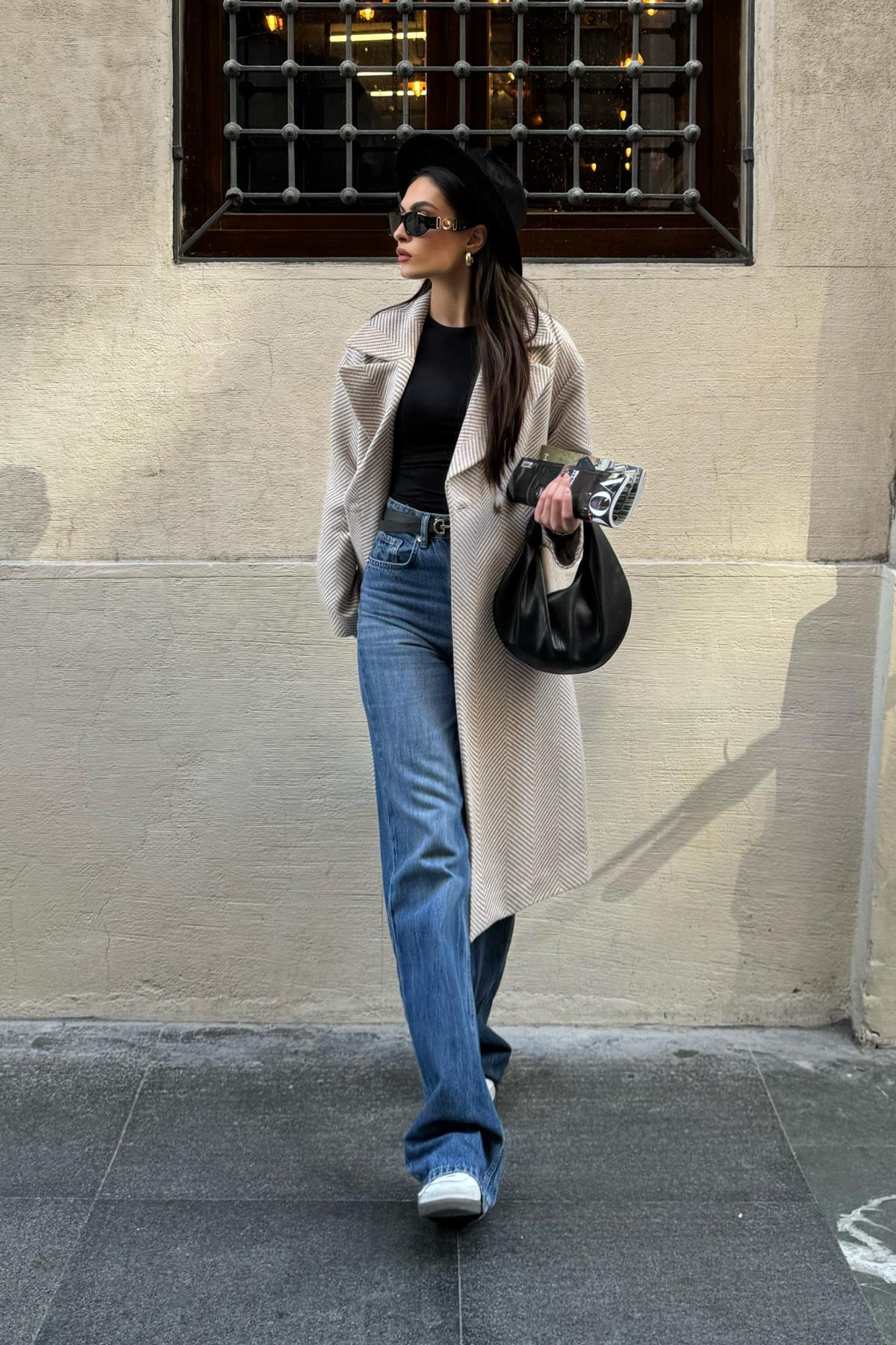 Kruvaze Balık Sırtı Desen Oversize Kaban BEJ 3037