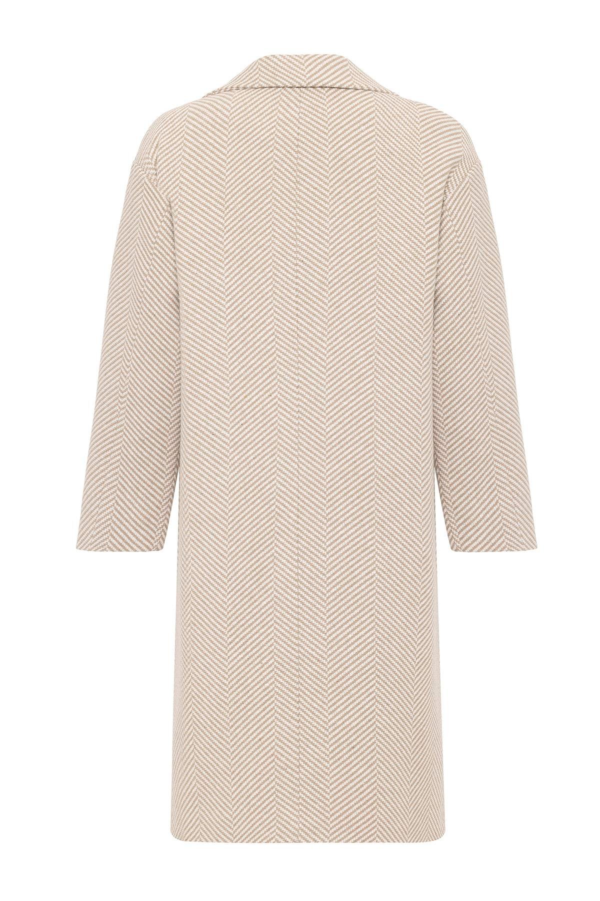 Kruvaze Balık Sırtı Desen Oversize Kaban BEJ 3037