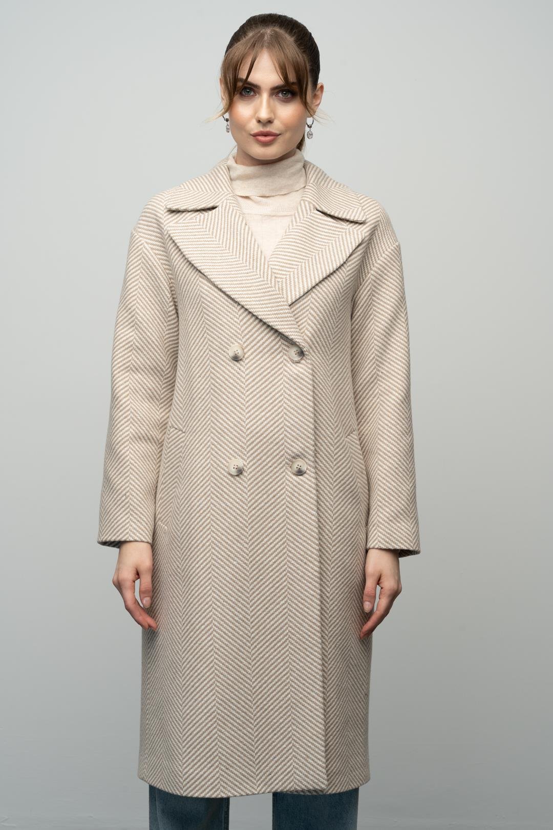 Kruvaze Balık Sırtı Desen Oversize Kaban BEJ 3037