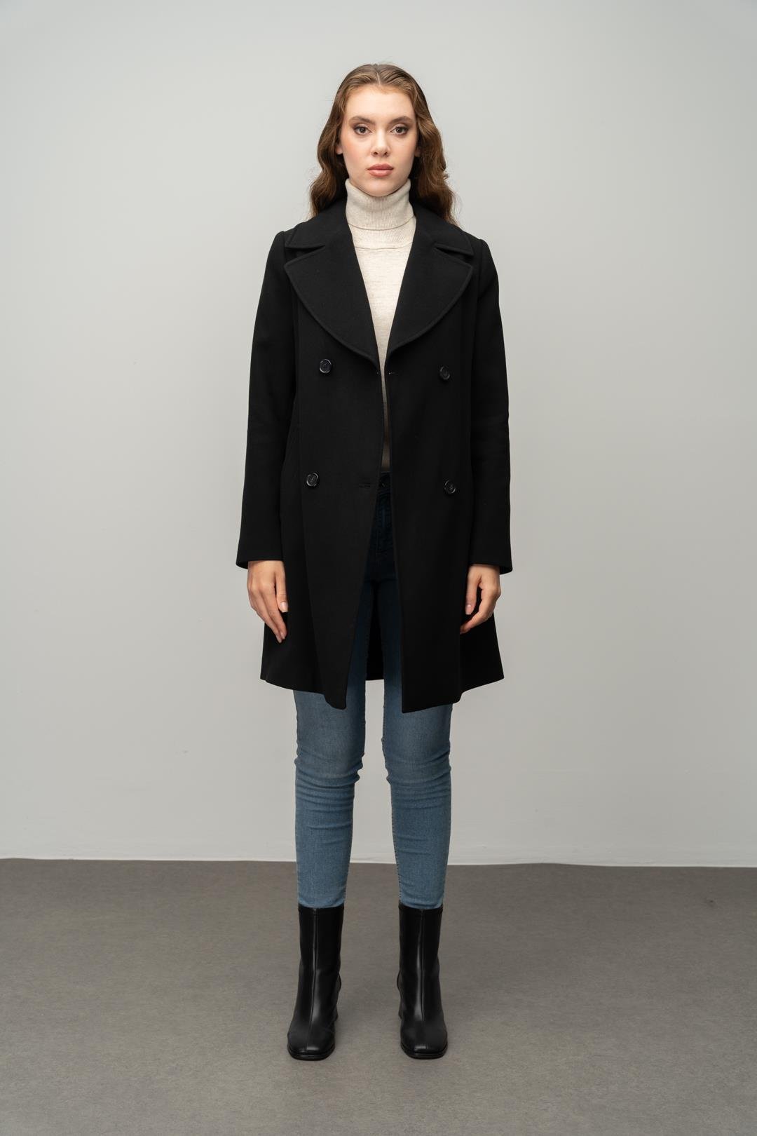 Kruvaze Belden Bağlamalı Kaban SİYAH 3058