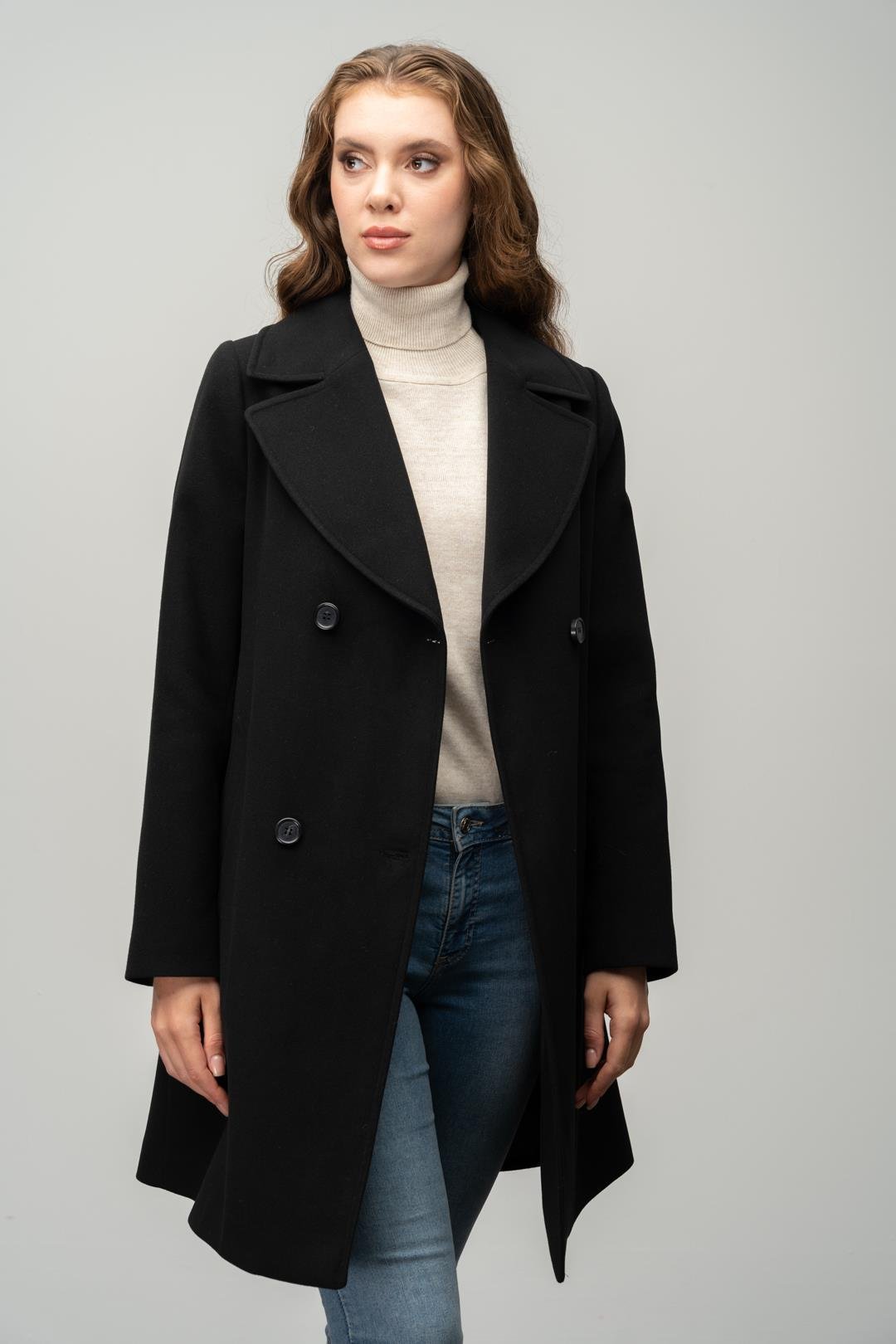 Kruvaze Belden Bağlamalı Kaban SİYAH 3058