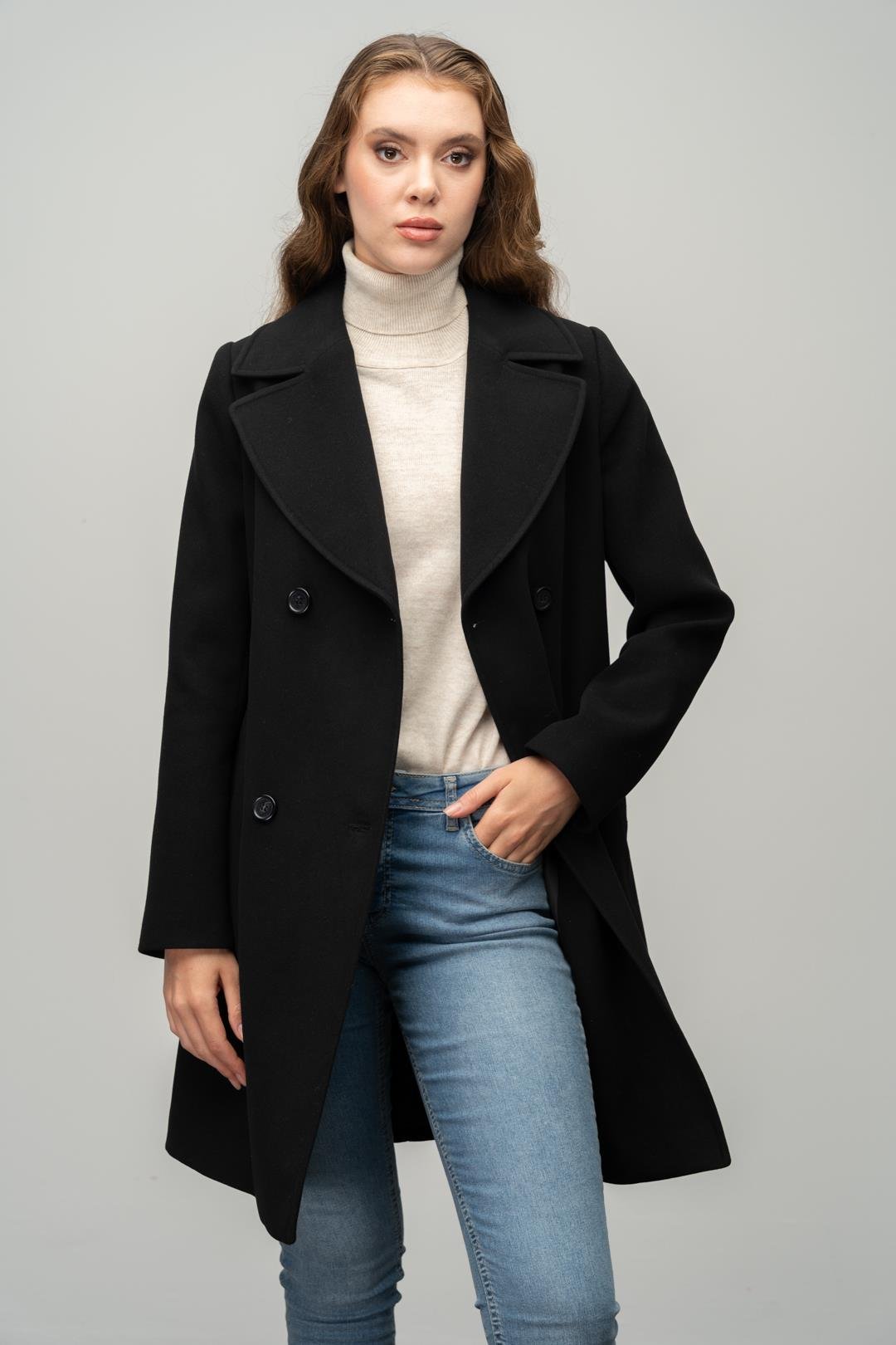 Kruvaze Belden Bağlamalı Kaban SİYAH 3058