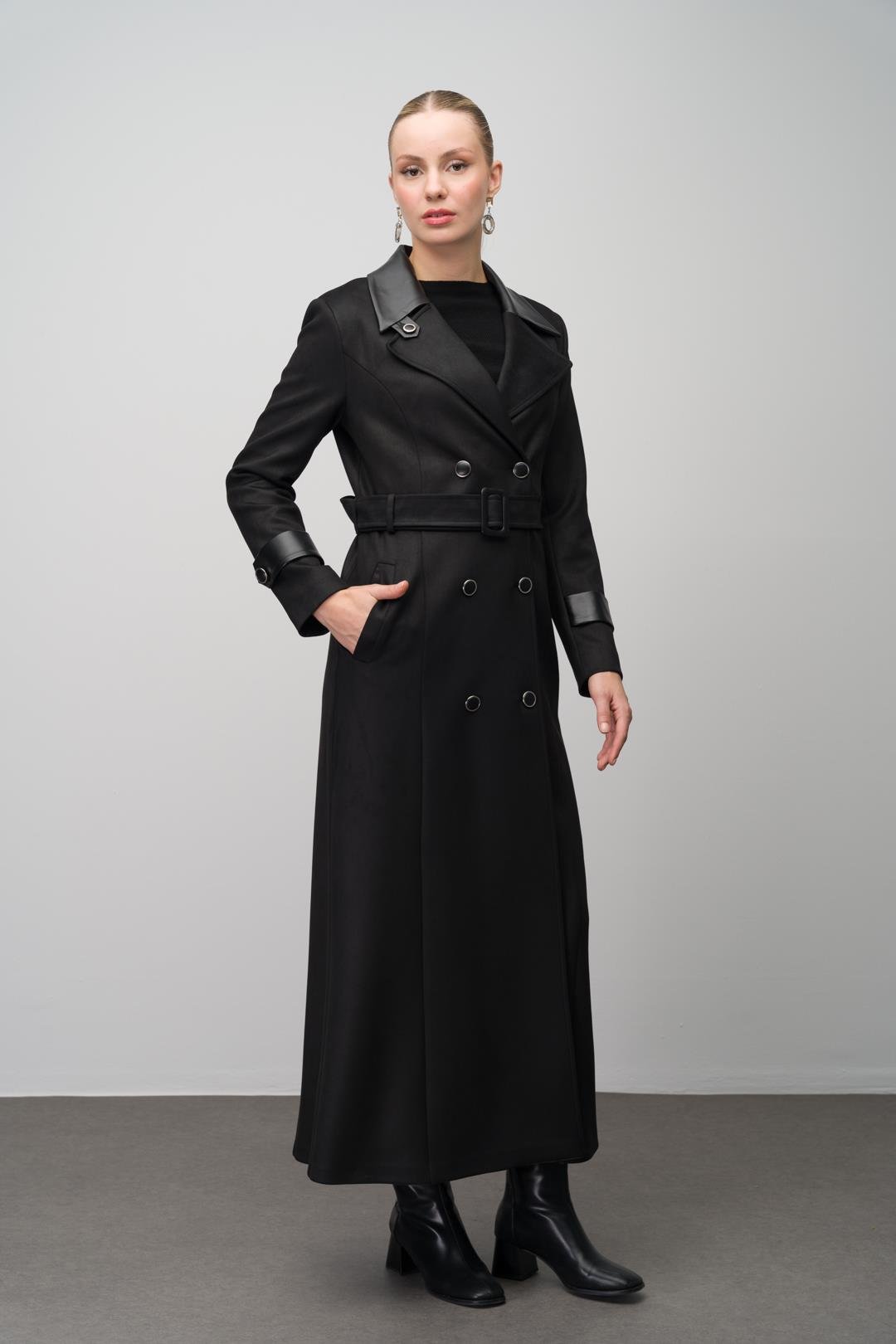 Kruvaze Deri Garnili Gabardin Süet Görünümlü Pardesü SİYAH 6647