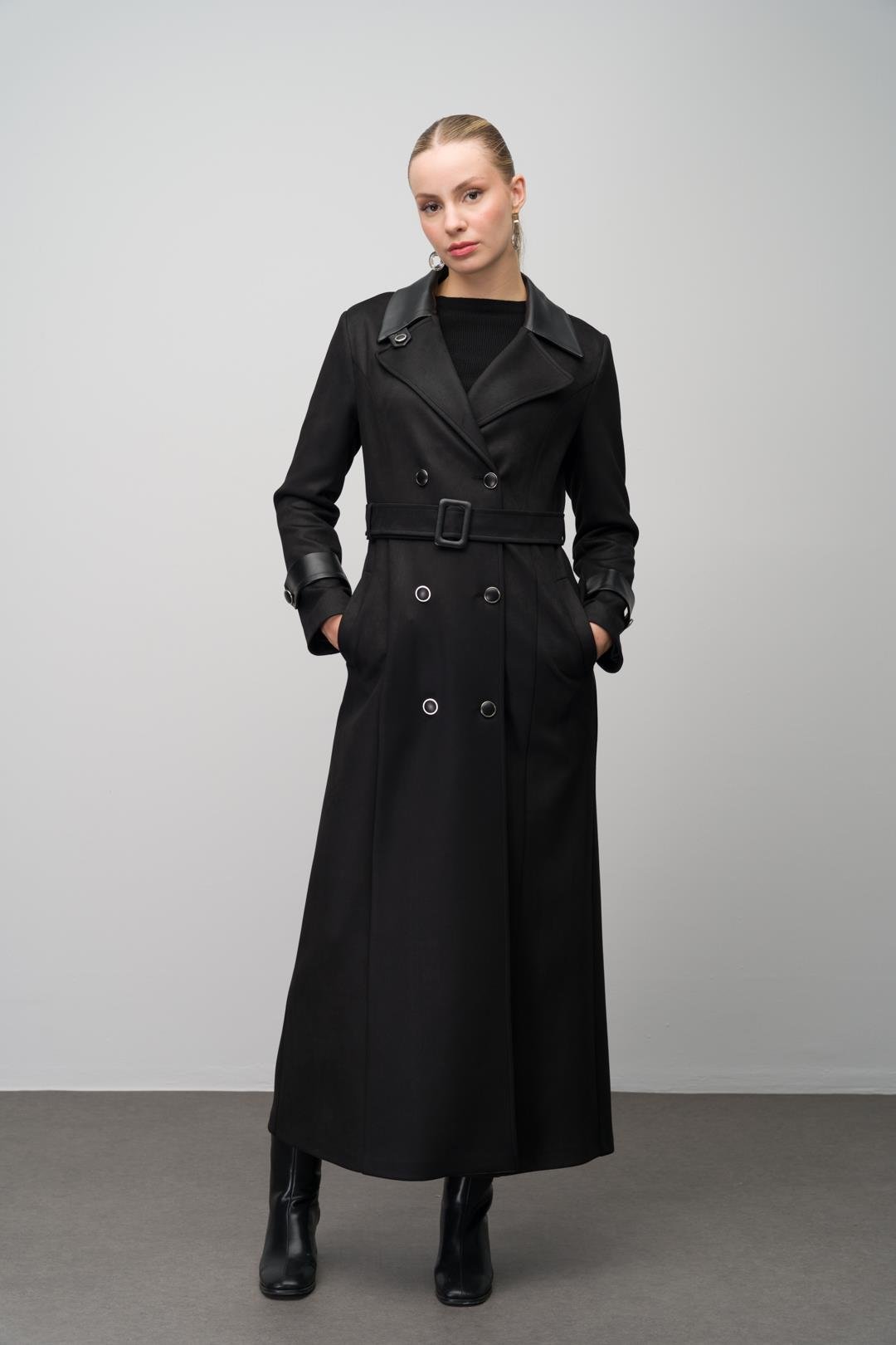 Kruvaze Deri Garnili Gabardin Süet Görünümlü Pardesü SİYAH 6647