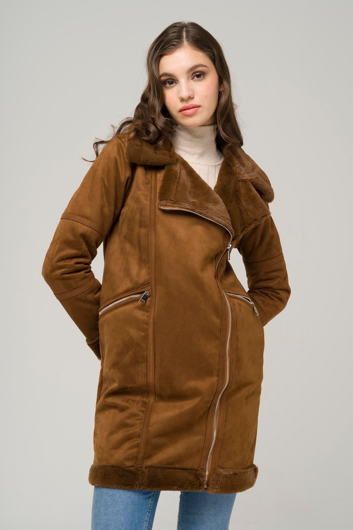 Kruvaze Fermuarlı İçi Kürklü Süet Mont TABA 6514