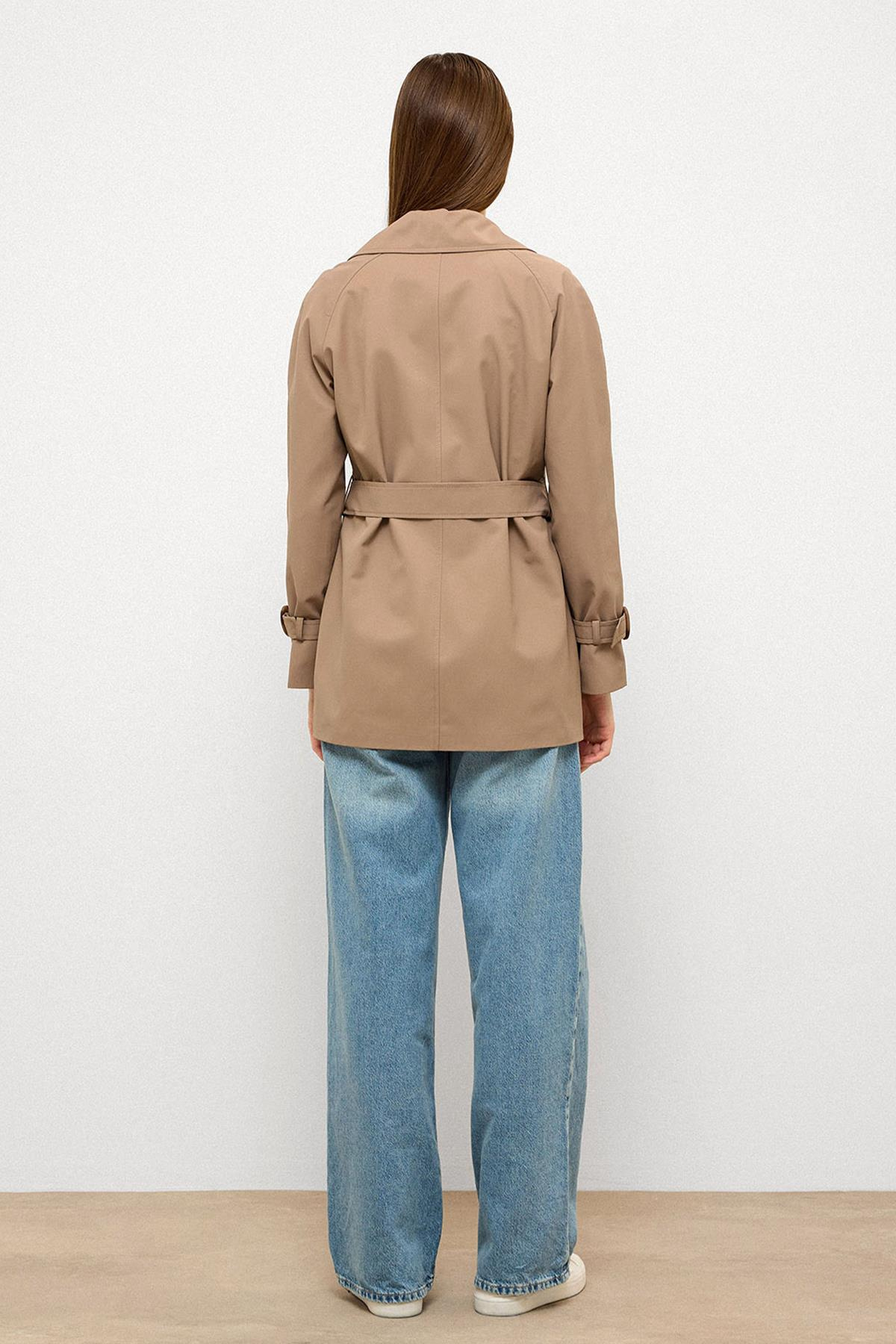 Kruvaze Reglan Kol Su İtici Özellikli Kısa Trençkot S.KAHVE 6762