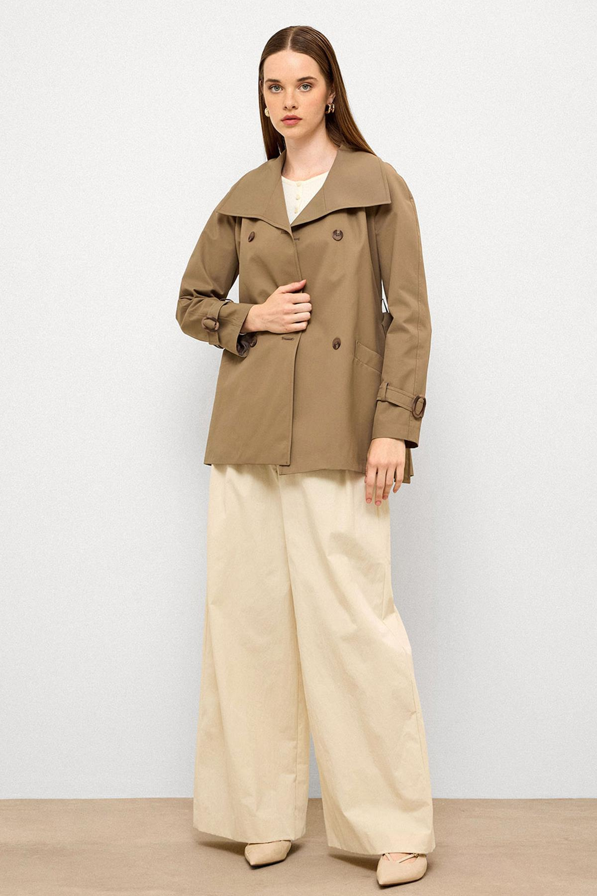 Kruvaze Reglan Kol Su İtici Özellikli Kısa Trençkot VİZON 6762