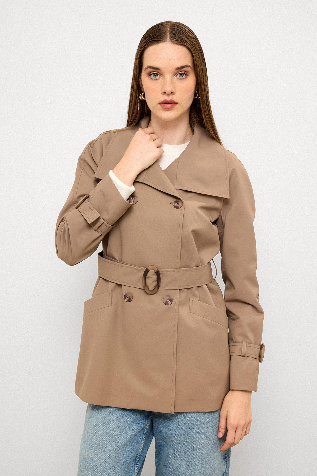 Kruvaze Reglan Kol Su İtici Özellikli Kısa Trençkot S.KAHVE 6762