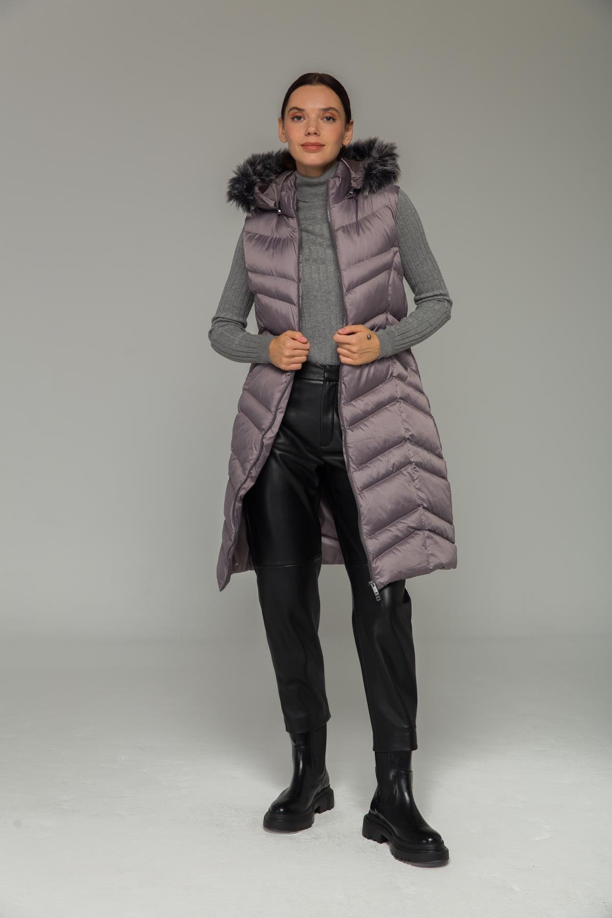 Kürklü Çıkabillir Kapüşonlu Şişme Yelek GRİ 8192