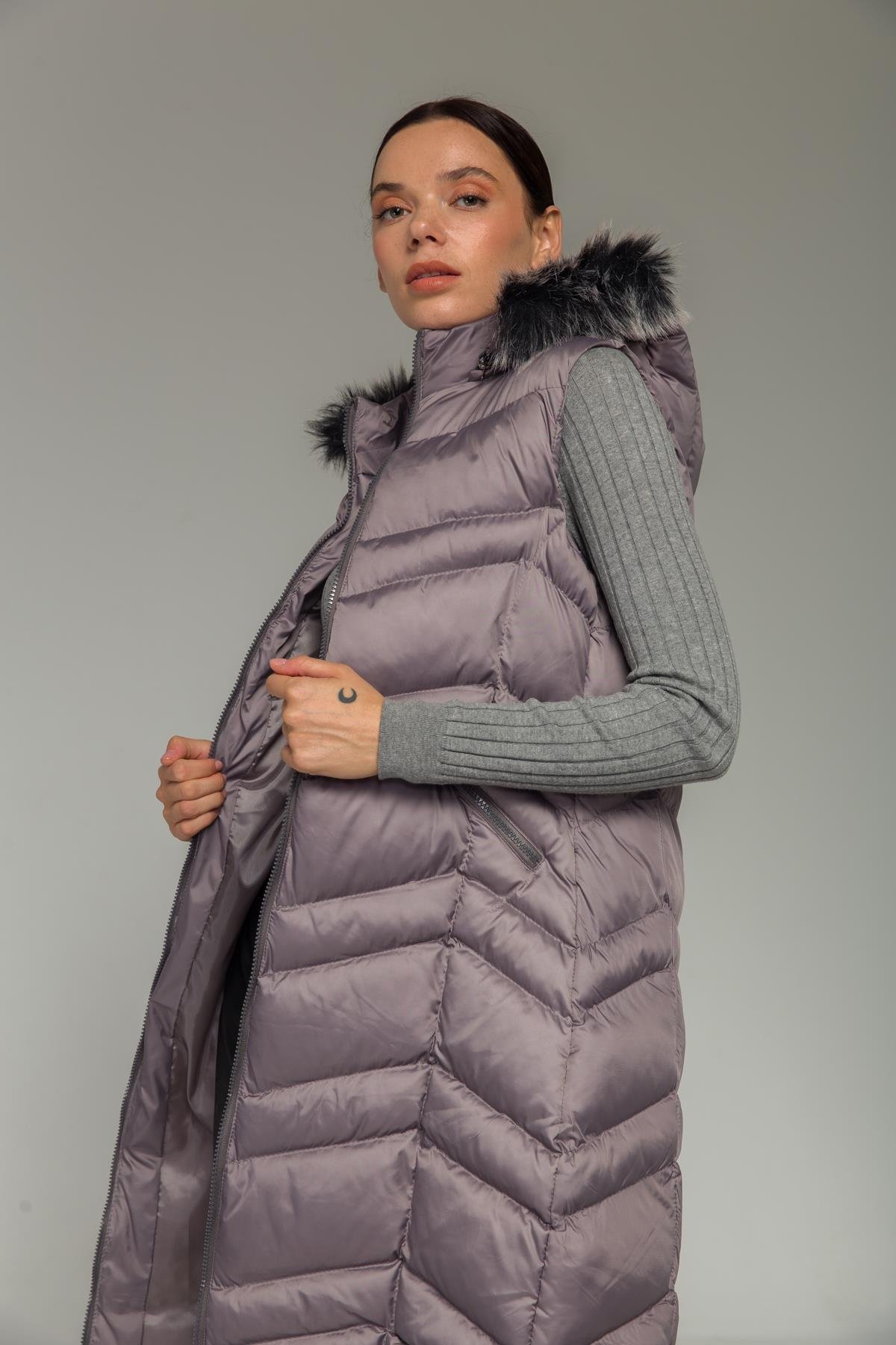 Kürklü Çıkabillir Kapüşonlu Şişme Yelek GRİ 8192